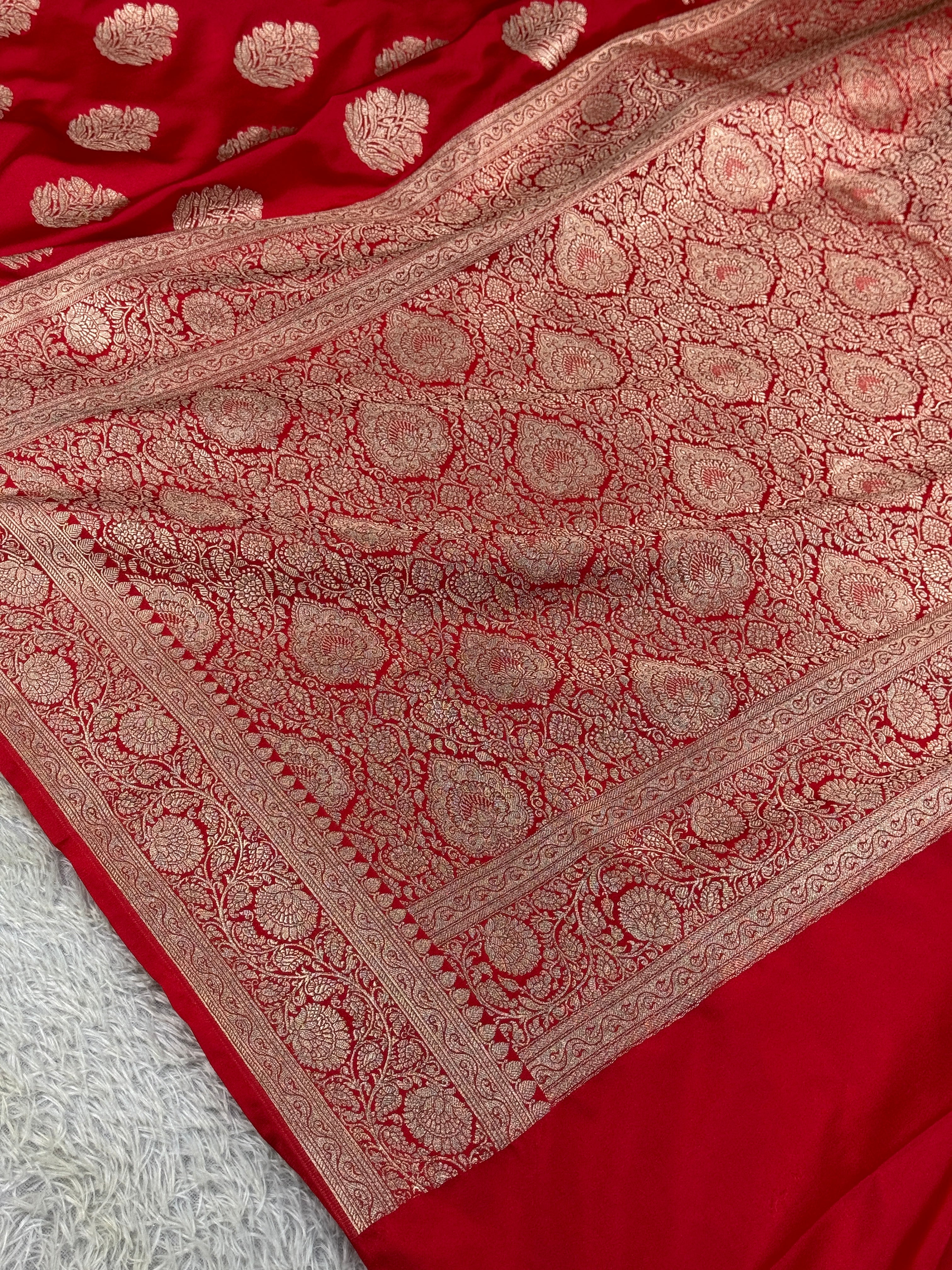 Classic Red Banarasi Mashru Silk Saree with Traditional Zari Buta – MKS402