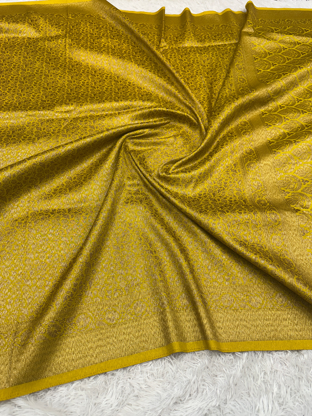 Lemon Yellow Banarasi Dupion Silk Saree with Embossed Antique Zari Weaving & Rich Antique Zari Pallu | STF82