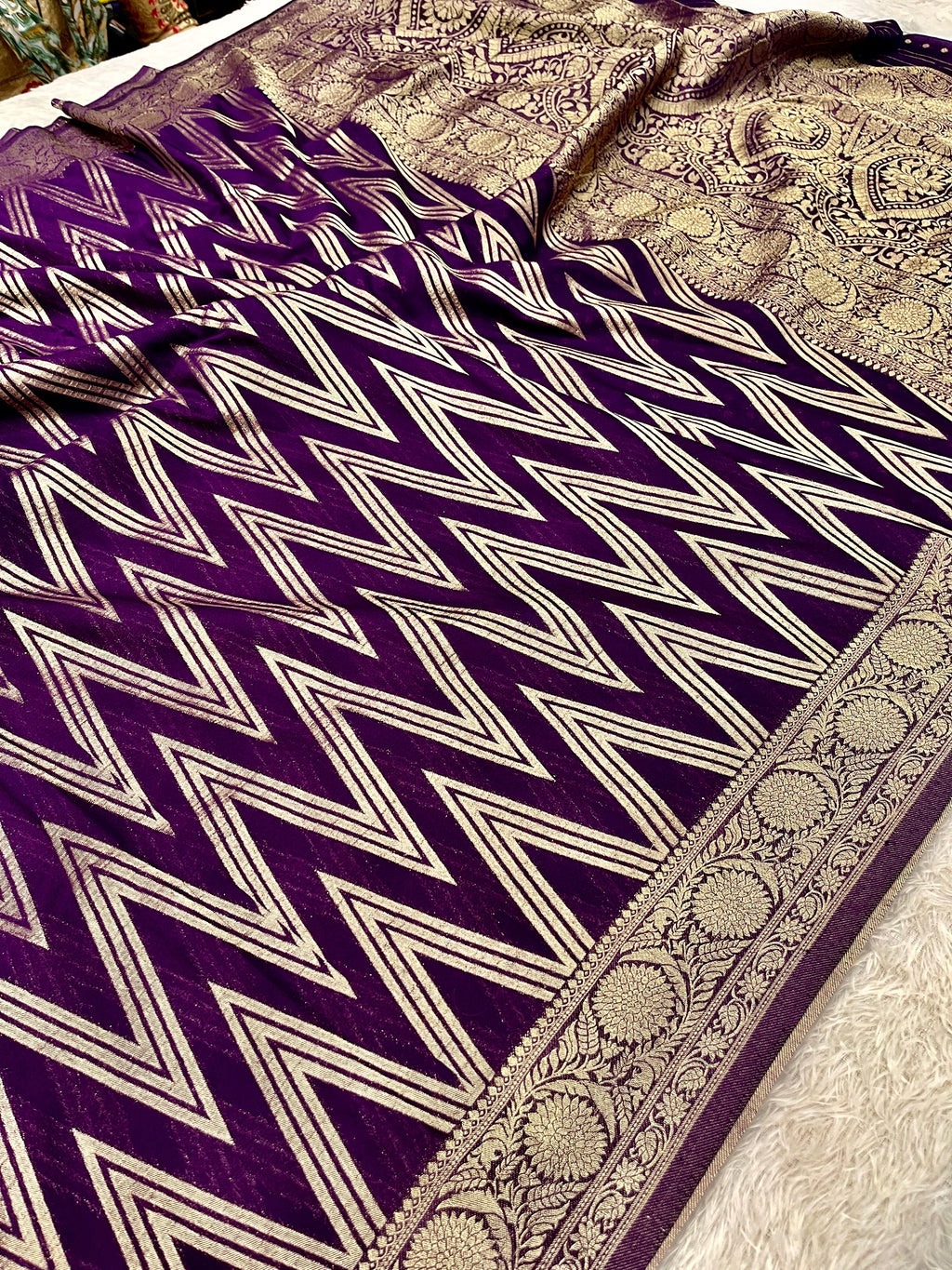 Chinon Silk Zig Zag Design Purple Color Saree CN09