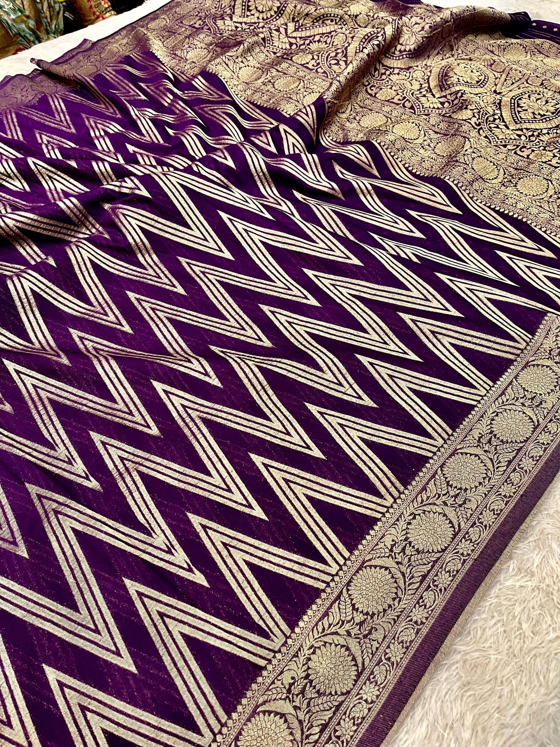 Chinon Silk Zig Zag Design Purple Color Saree CN09