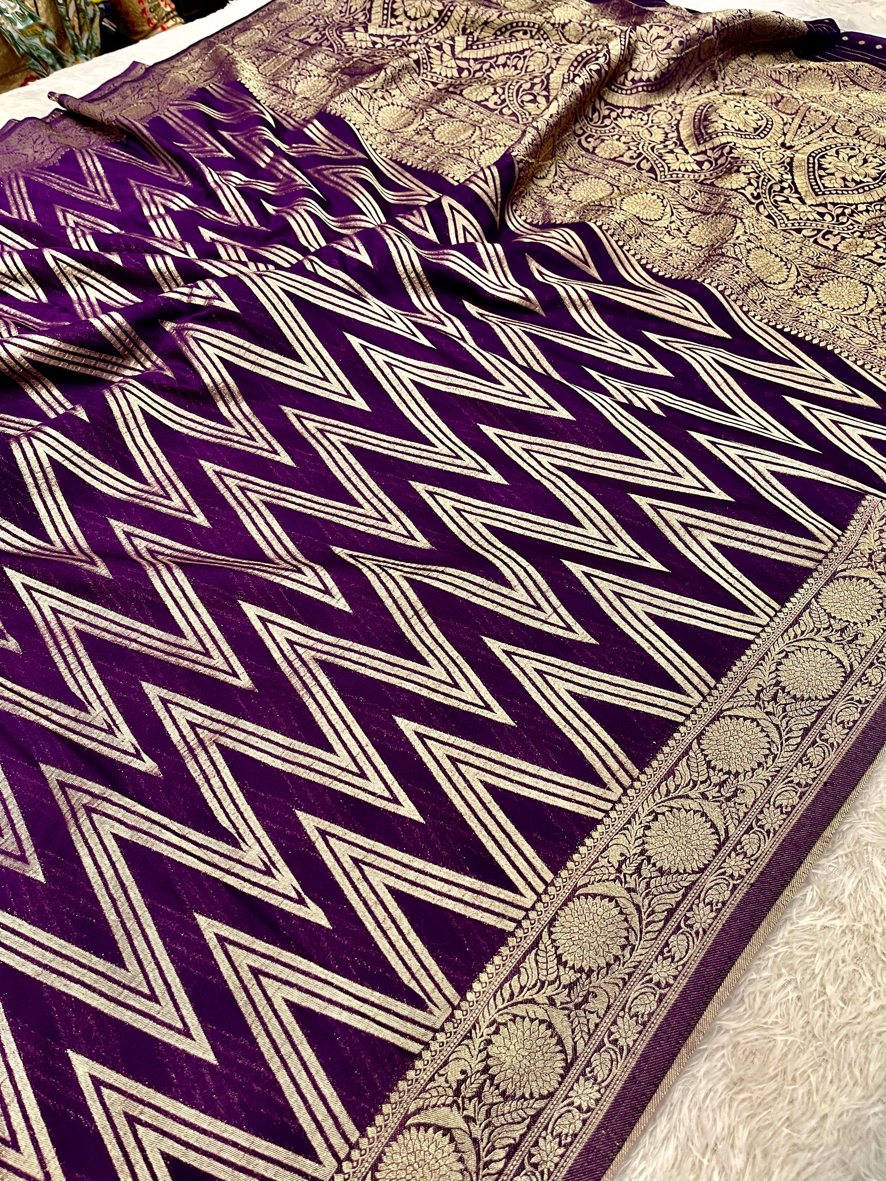 Chinon Silk Zig Zag Design Purple Color Saree CN09