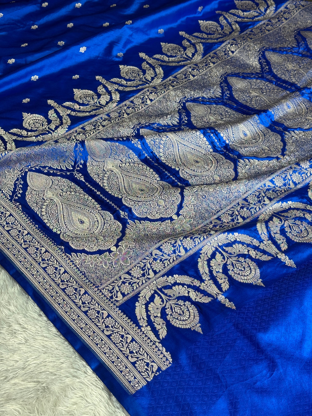 Royal Blue Fancy Buti Banarasi Mashru Silk Saree | Satin Mashru Silk | Kaashi Threads | MKS515