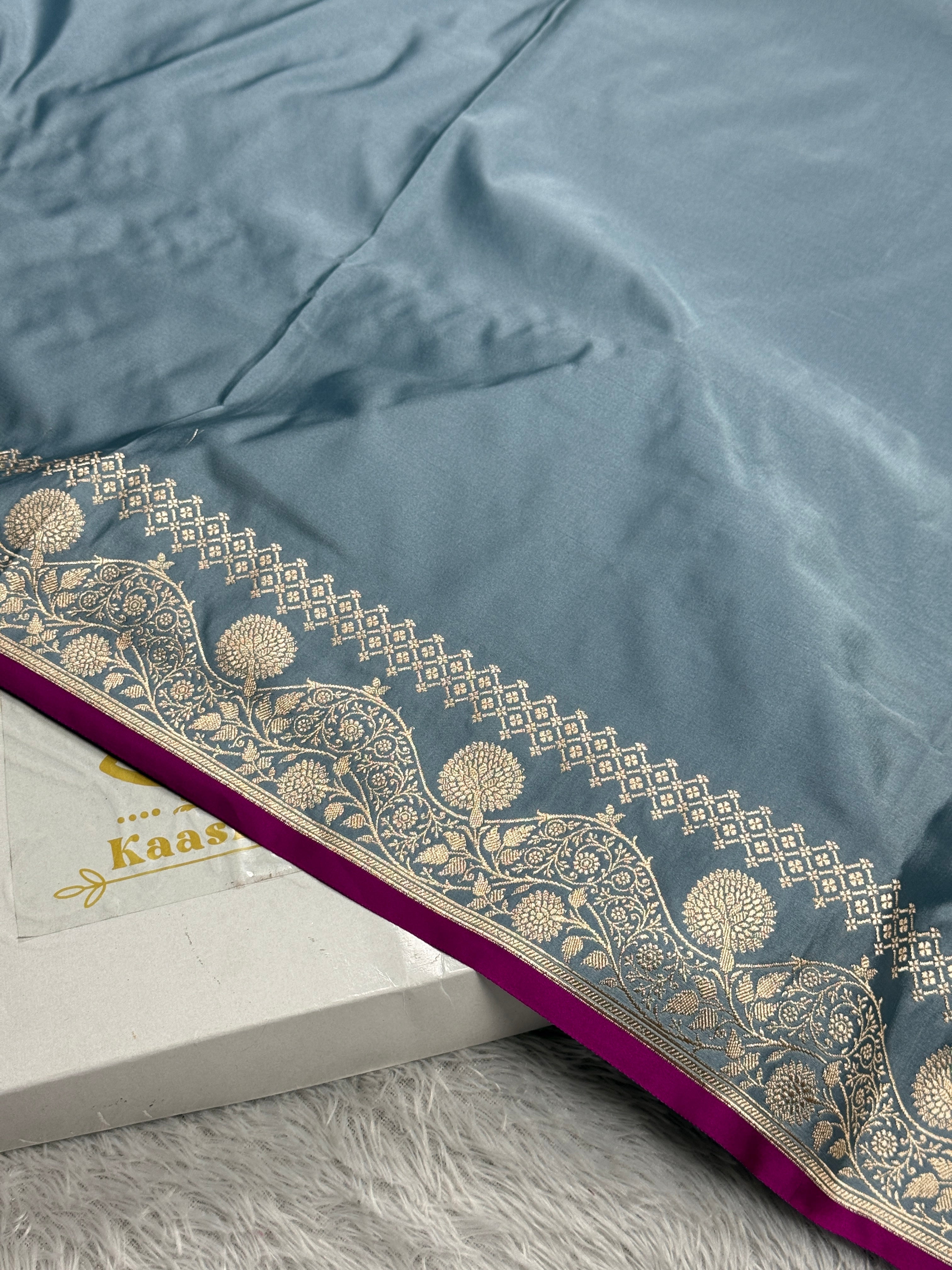 Grey Mashru Kataan Silk Banarasi Saree – Zari Woven Border & Rich Pallu MKS511
