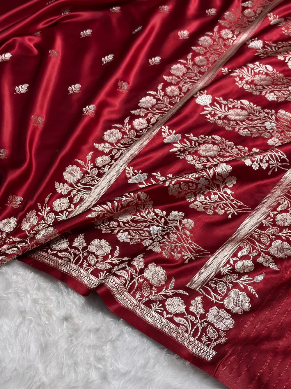 Banarasi Mashru Kataan Silk Saree Featuring Zari Rose Buta Design with Rich Zari Pallu – MKS412