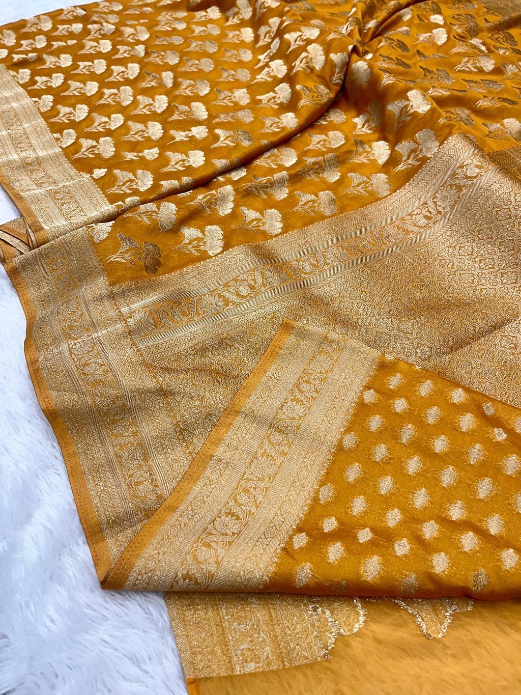 Chinon Silk Dual Flower Design Mustard Color Saree CN05