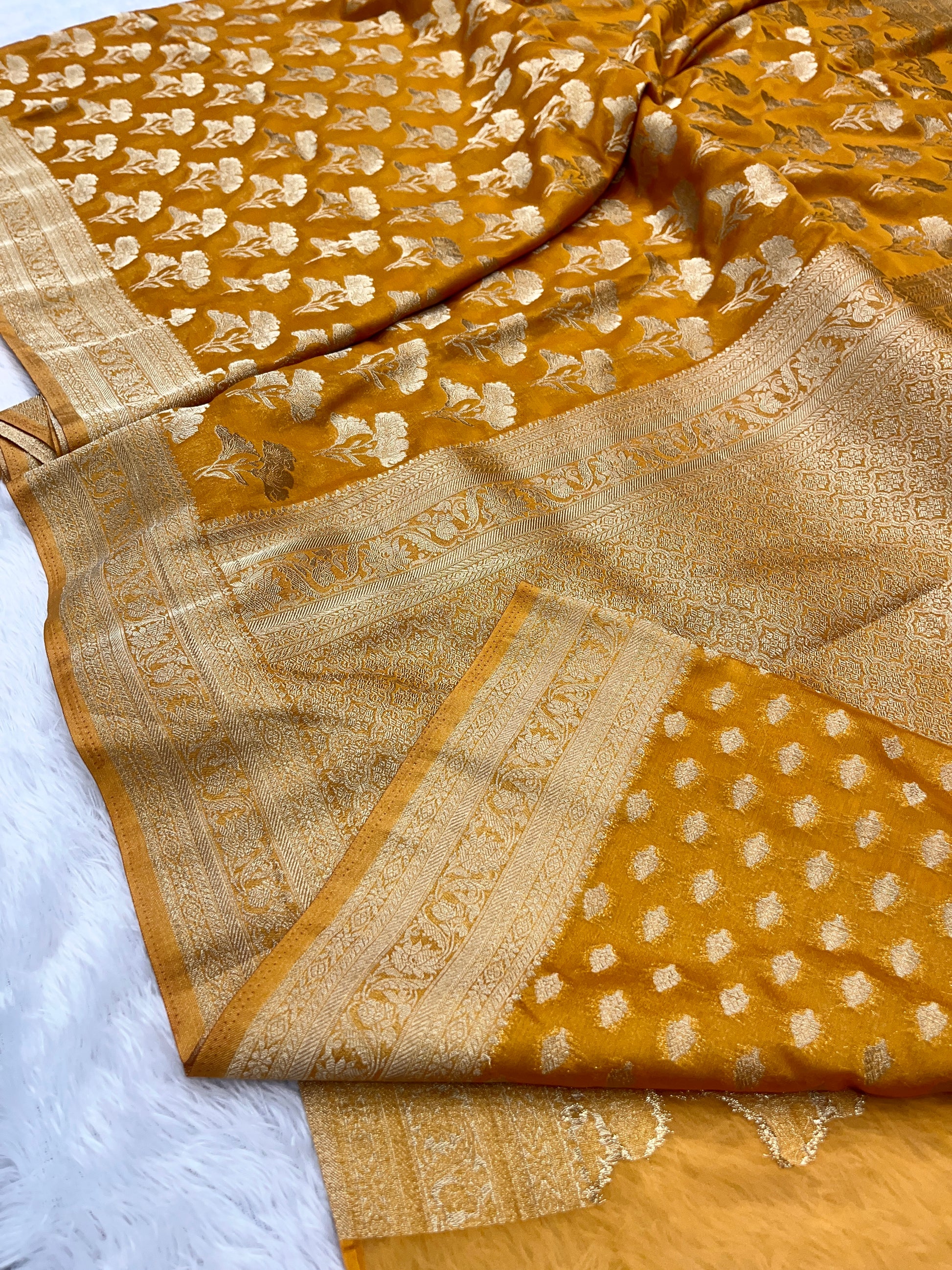 Chinon Silk Dual Flower Design Mustard Color Saree CN05
