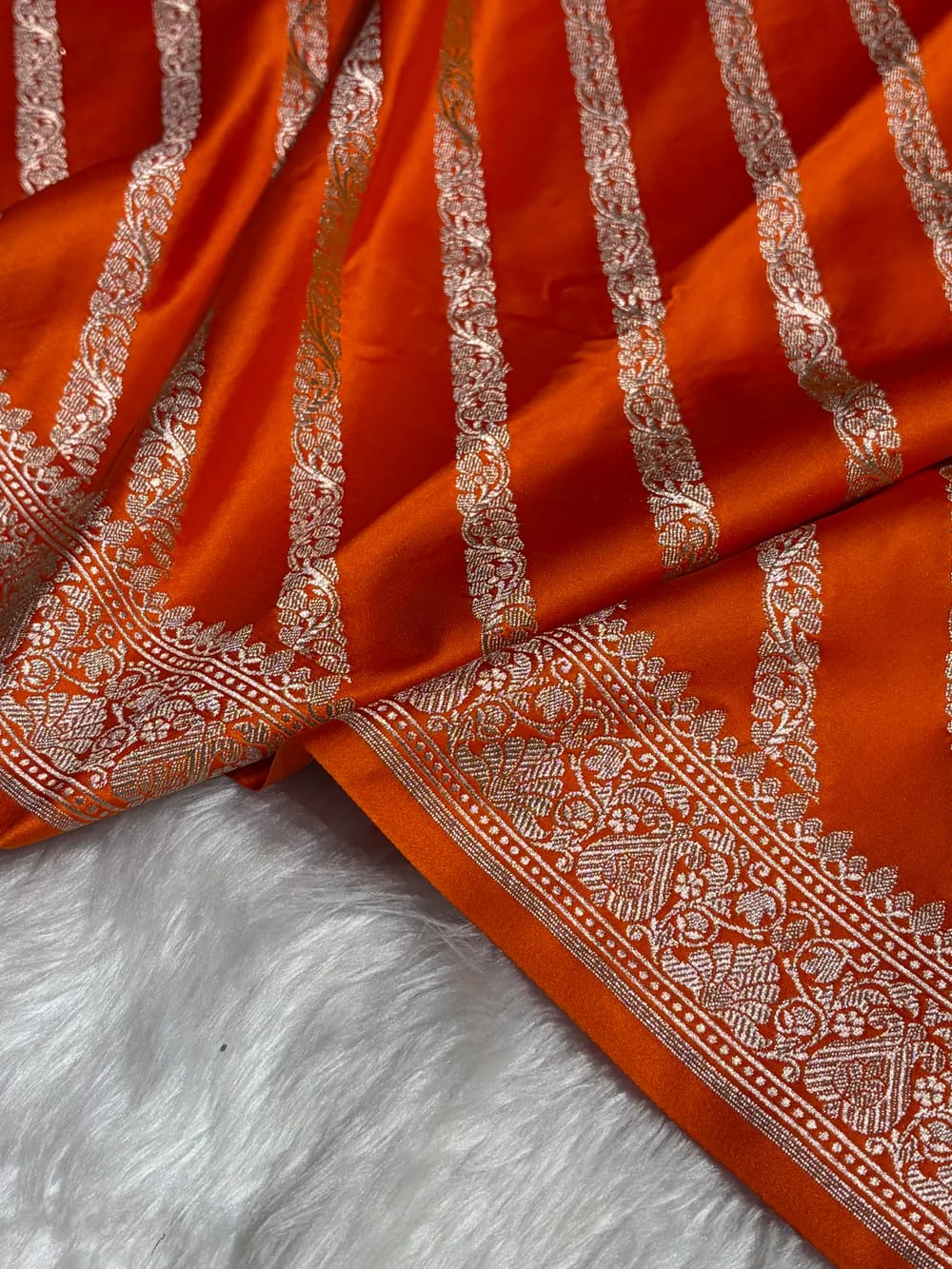 Banarasi Mashru Kataan Silk Saree Featuring Aaddha Zari Weave with Rich Zari Pallu – MKS413