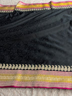 Black Mashru Silk Tanchoi Woven Saree with Multicolour Zari Border & Rich Zari Pallu | MKS851