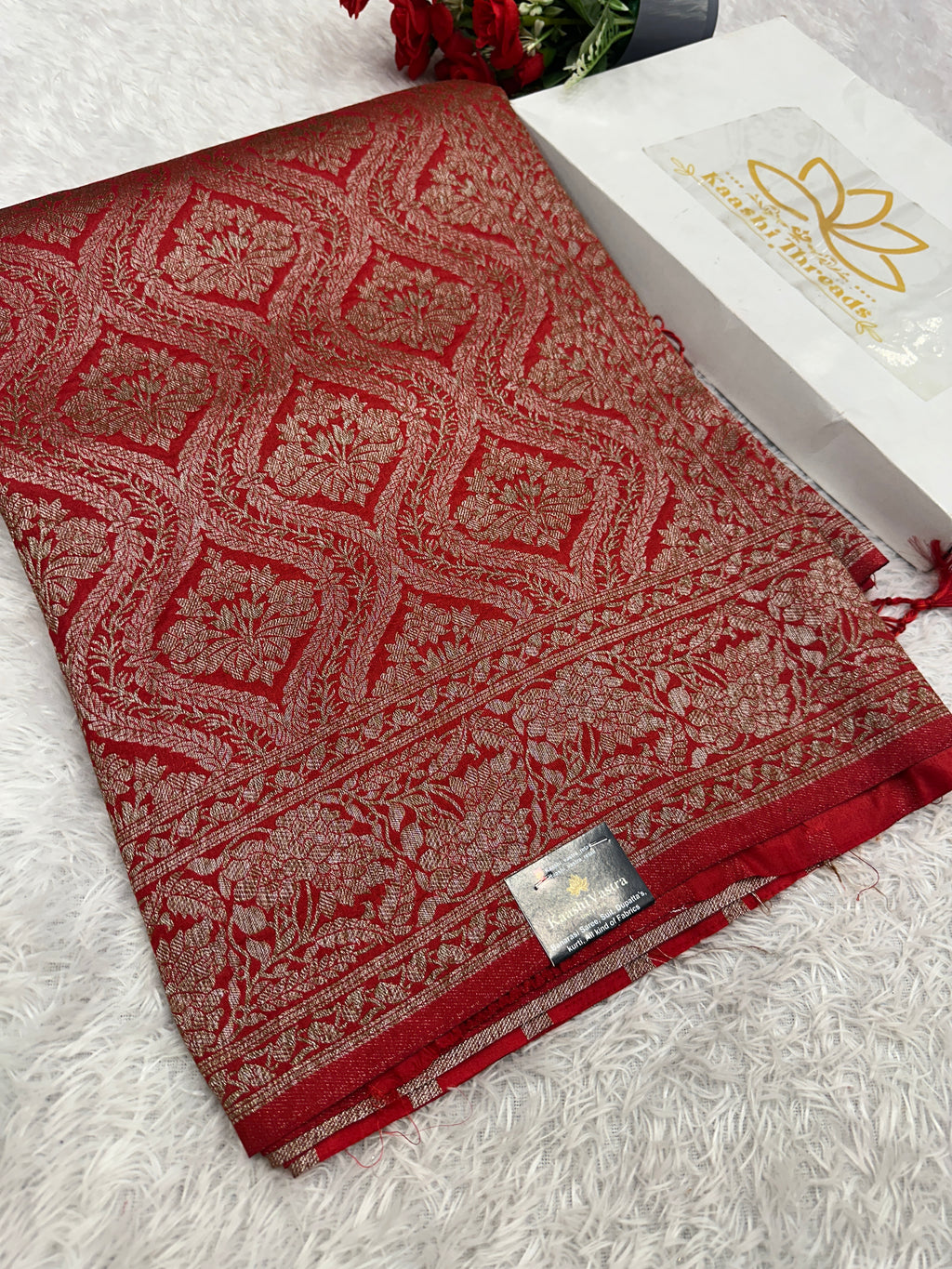 Red Banarasi Dupion Silk Saree with Embossed Antique Zari Weaving & Rich Antique Zari Pallu | STF66