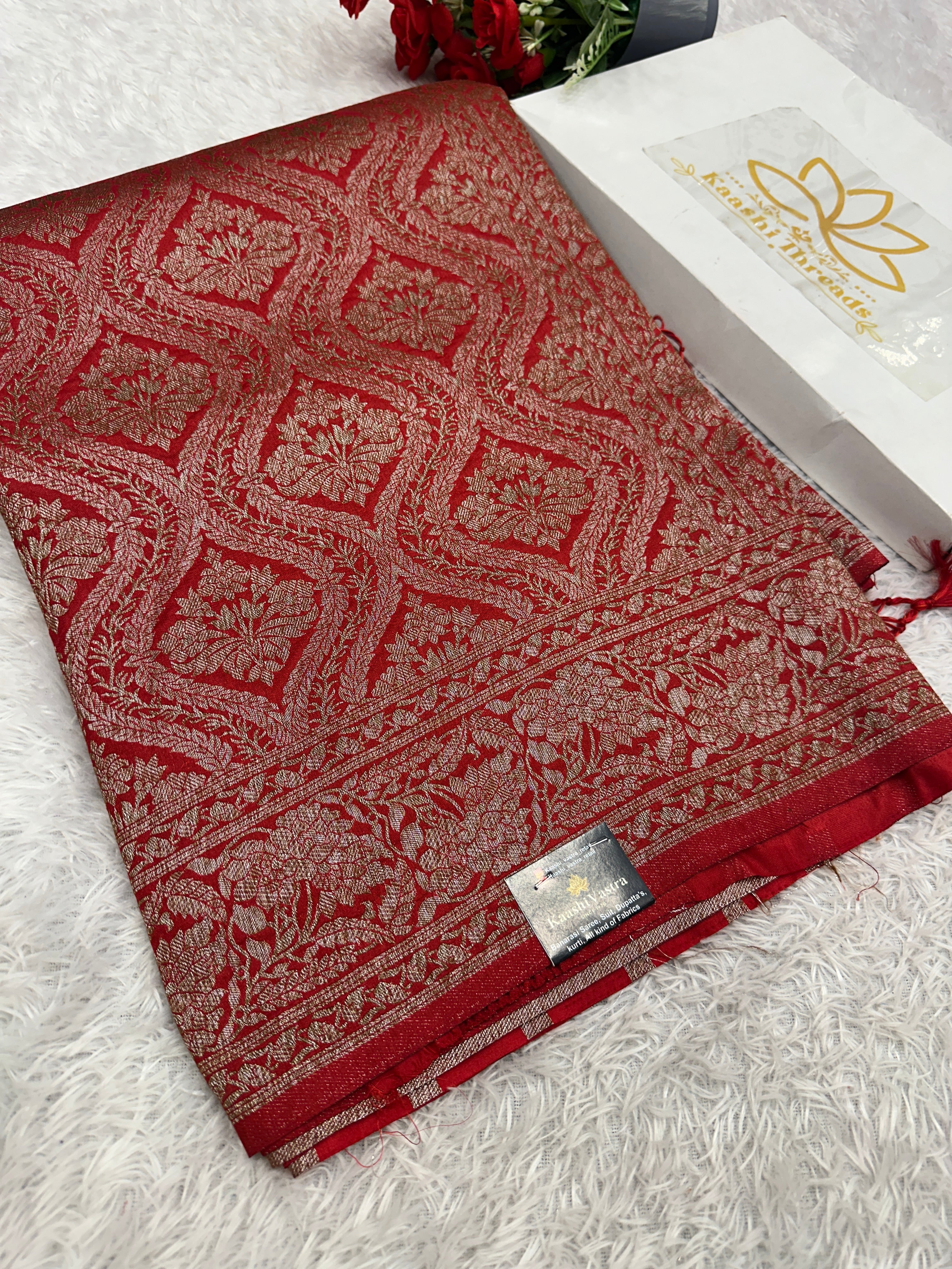 Red Banarasi Dupion Silk Saree with Embossed Antique Zari Weaving & Rich Antique Zari Pallu | STF66