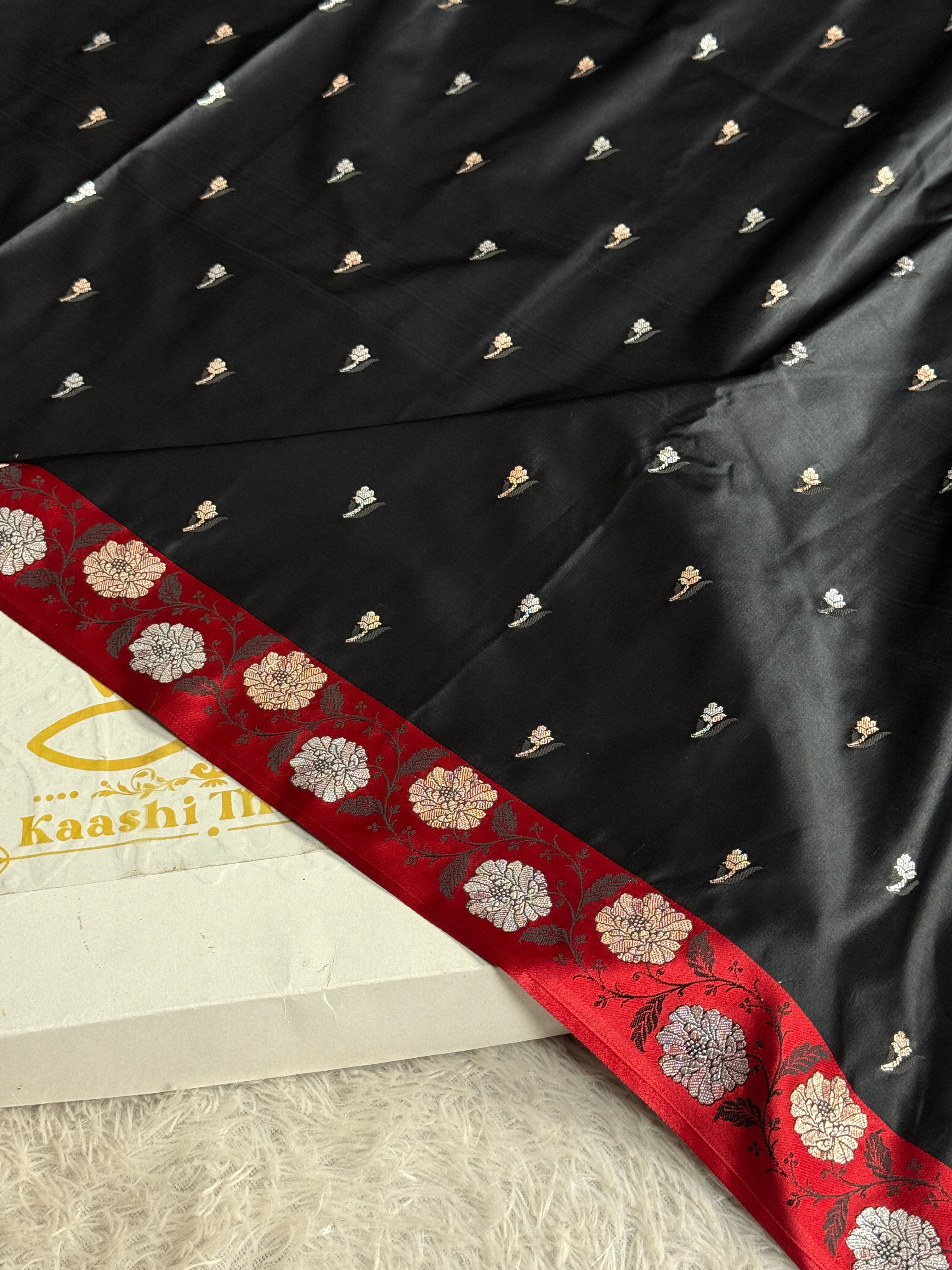 Elegant Black Mashru Kataan Silk Saree with Meenakari Buta Weaving – MKS668