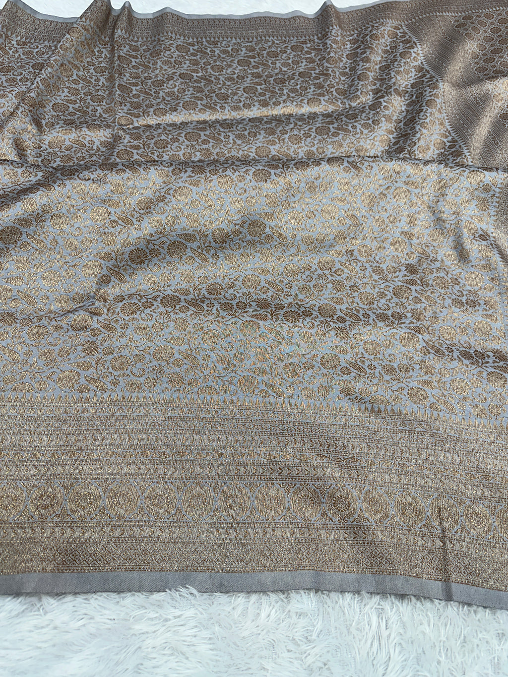 Grey Banarasi Dupion Silk Saree with Embossed Antique Zari Weaving & Rich Antique Zari Pallu | STF72