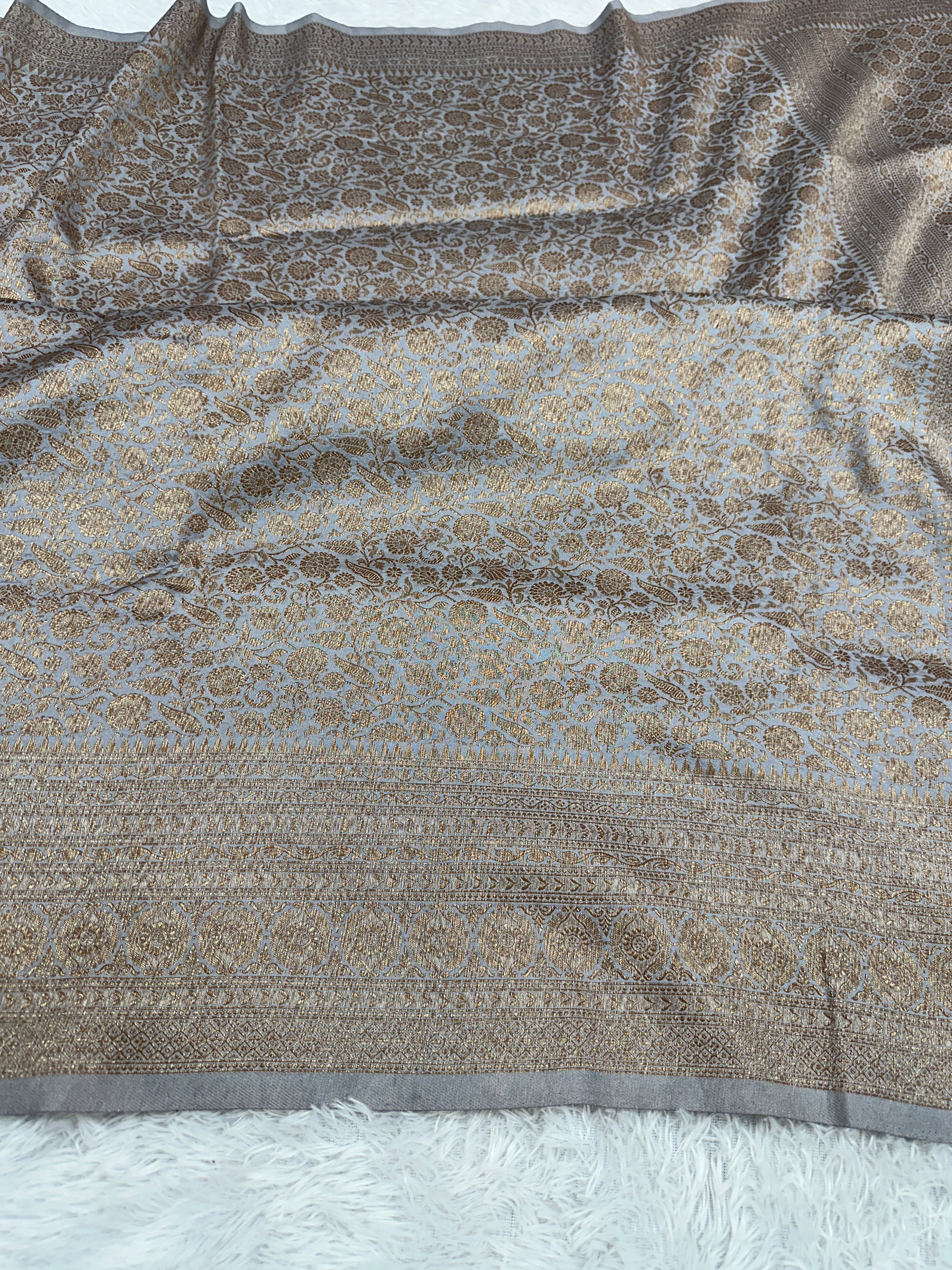 Grey Banarasi Dupion Silk Saree with Embossed Antique Zari Weaving & Rich Antique Zari Pallu | STF72