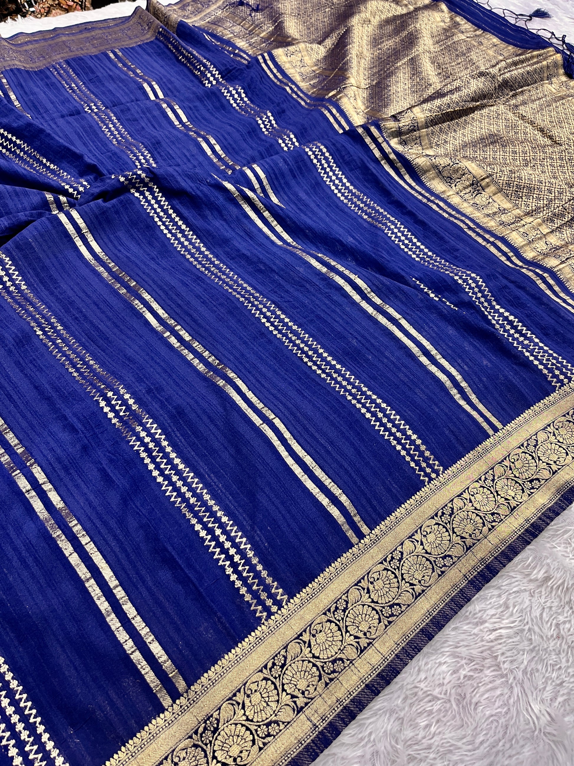 Raw Silk Zari Lining Navy Blue color  Saree RS003