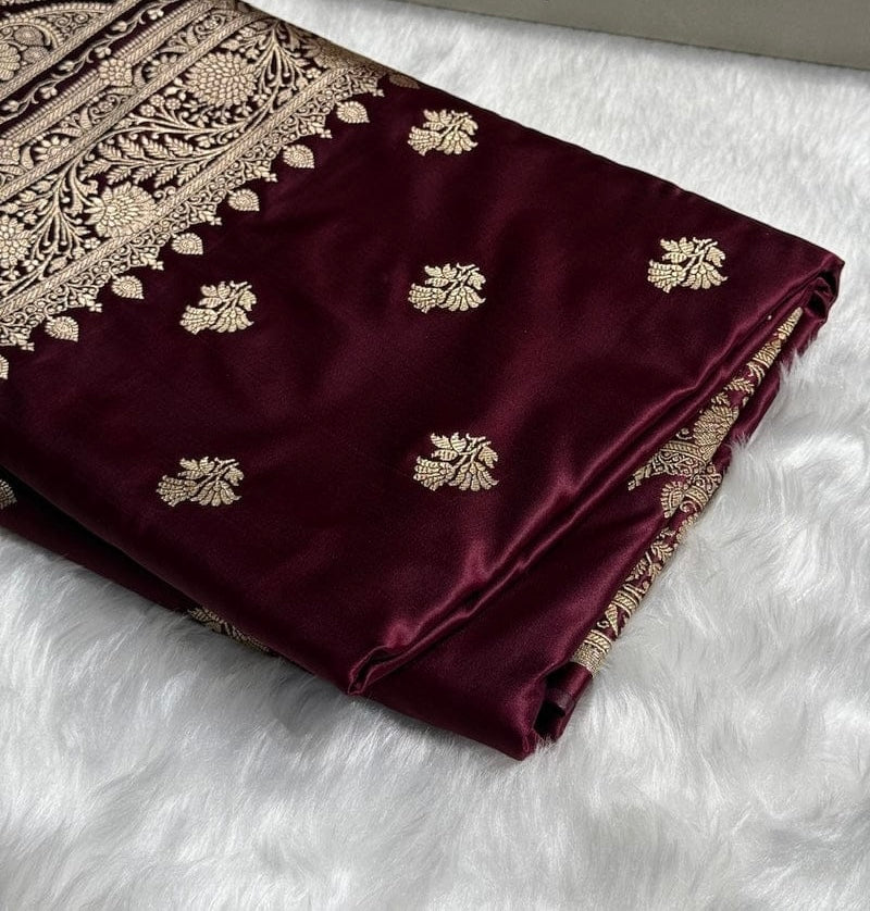 Banarasi Mashru Kataan Silk Saree Featuring Fancy Buta Pattern with Ikkat Border & Zari Pallu – MKS408