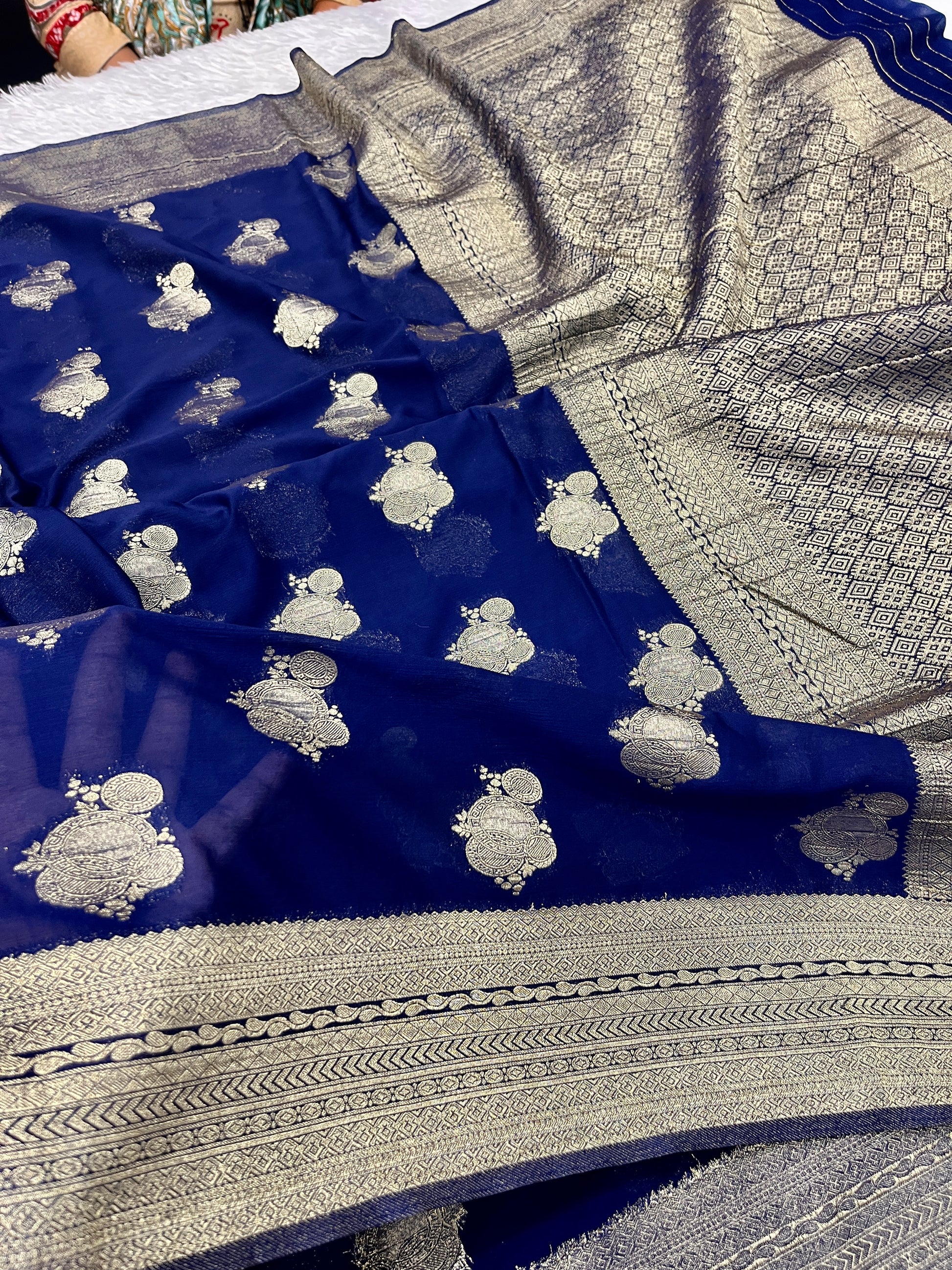 Chinon Silk Karry  Buta  Design Navy color  Saree CN08