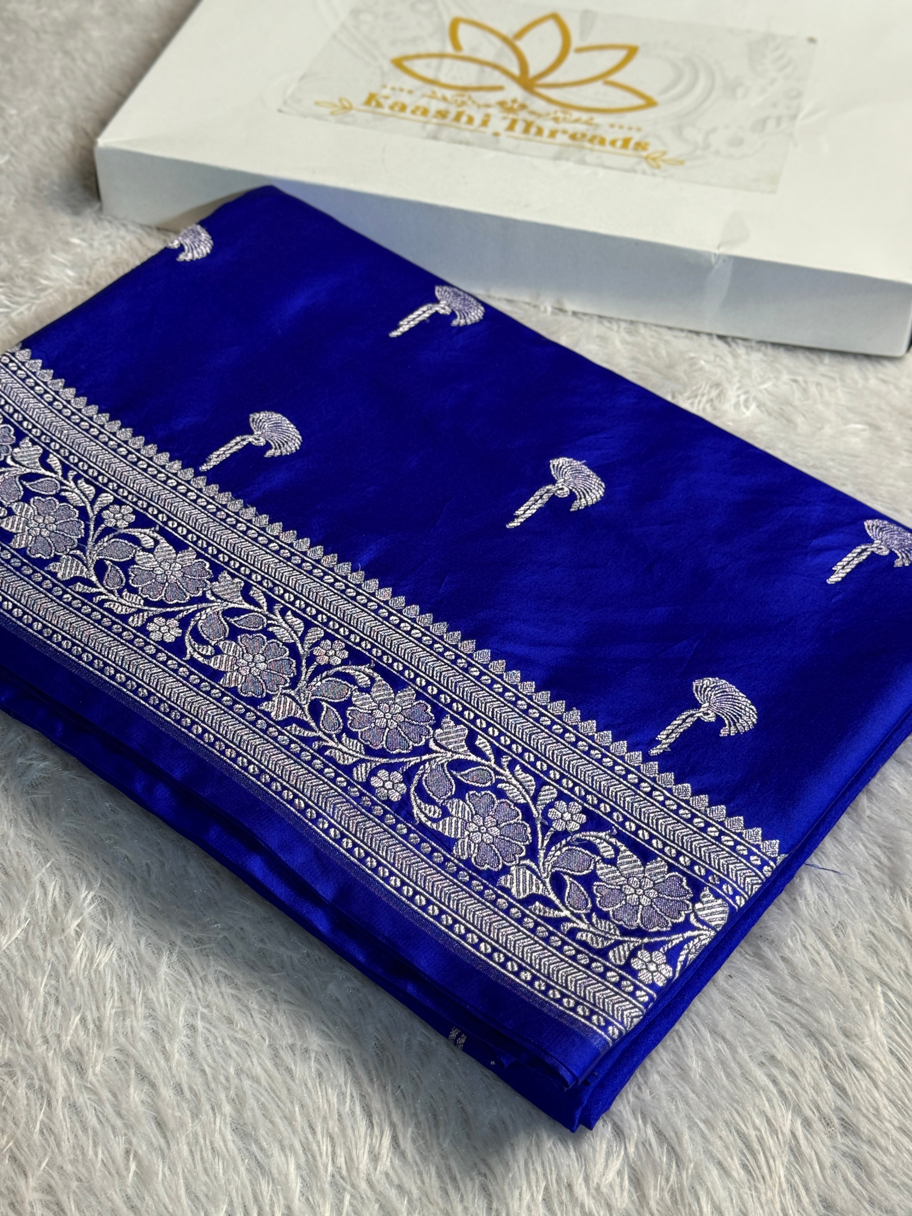 Royal Blue Banarasi Mashru Silk Saree with Jacquard Woven Floral Buta Design MKS097