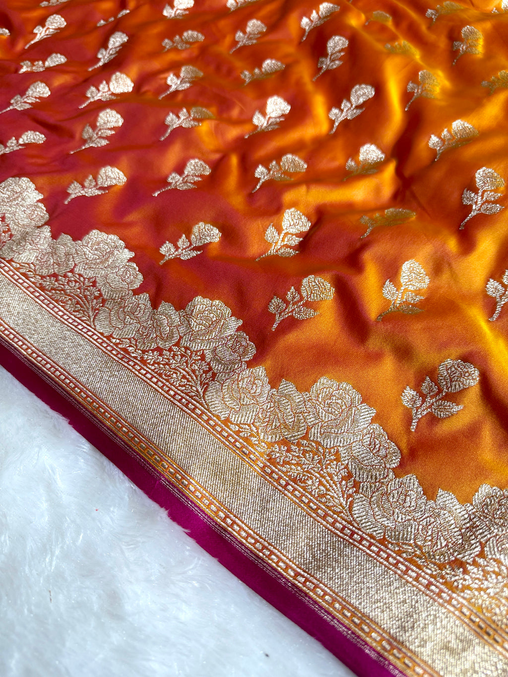 Mustard Banarasi Mashru Silk Saree with Jacquard Woven Flower Buta & Rupa Sona Zari Detailing MKS087