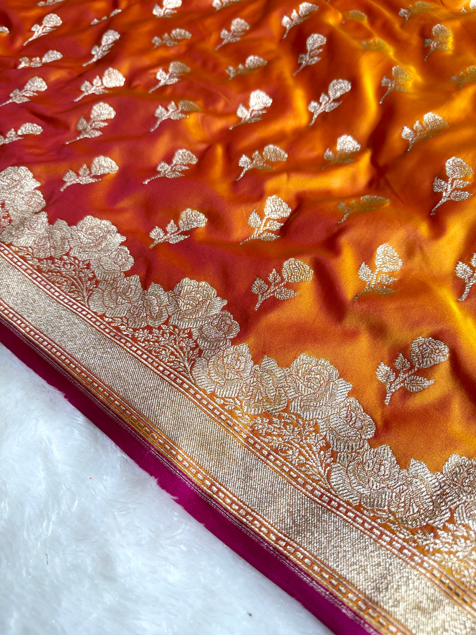 Mustard Banarasi Mashru Silk Saree with Jacquard Woven Flower Buta & Rupa Sona Zari Detailing MKS087