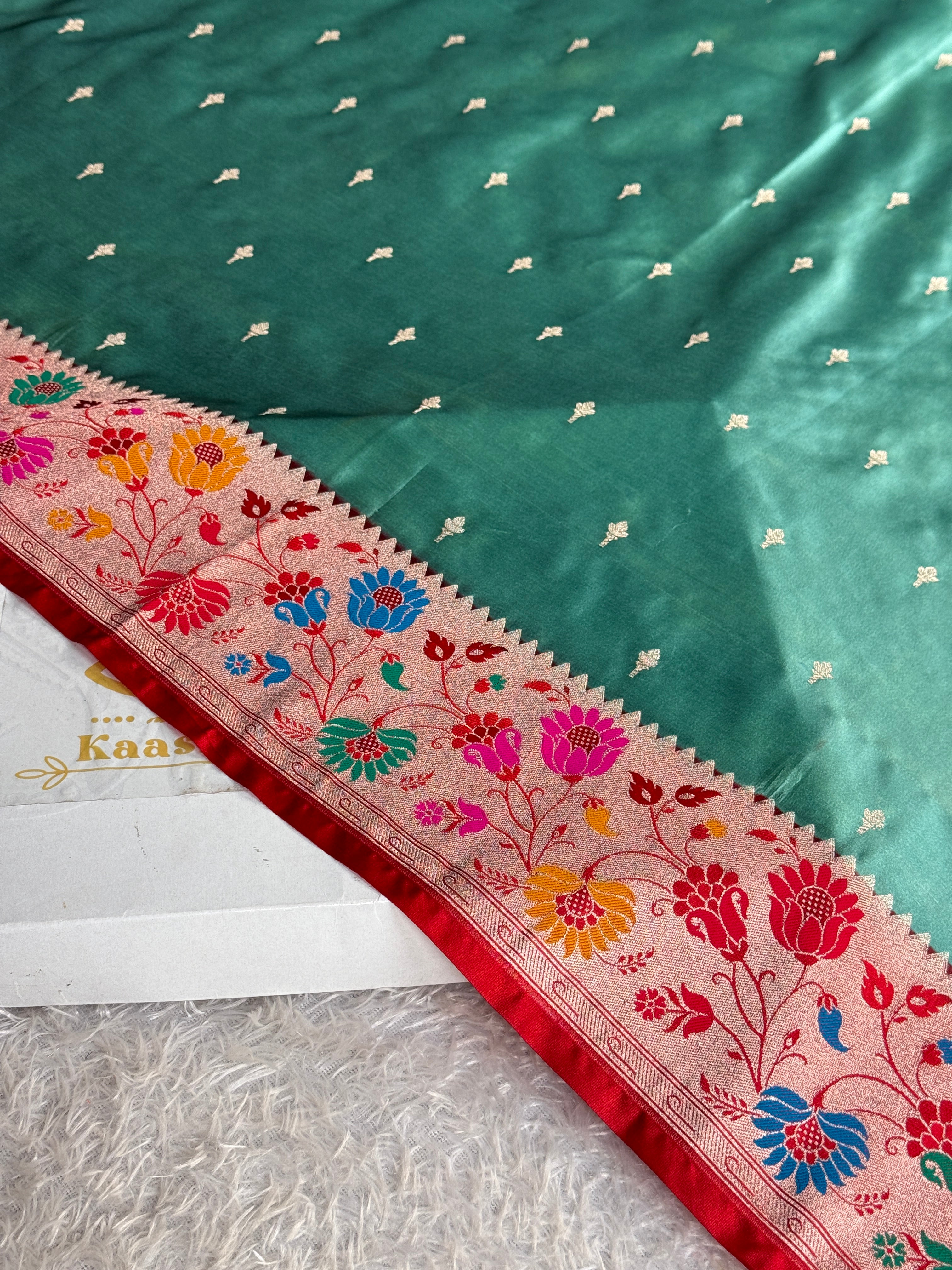 Banarasi Mashru Kataan Silk Saree Sea Green with Red Paithani Border | MKS743