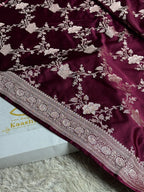 Wine Banarasi Mashru Silk Saree with All-Over Jaal Weaving & Scalloped Border – MKS216