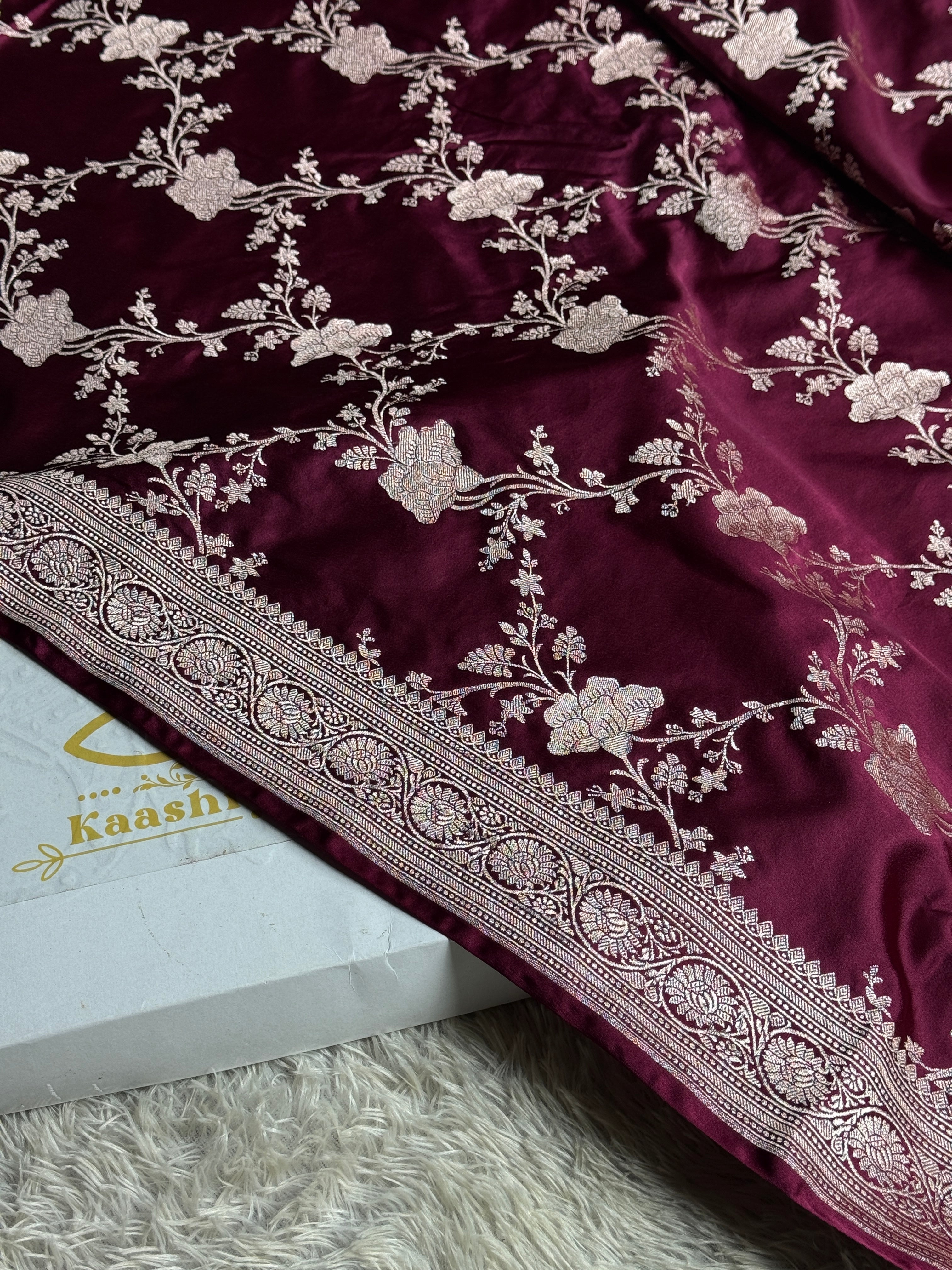 Wine Banarasi Mashru Silk Saree with All-Over Jaal Weaving & Scalloped Border – MKS216