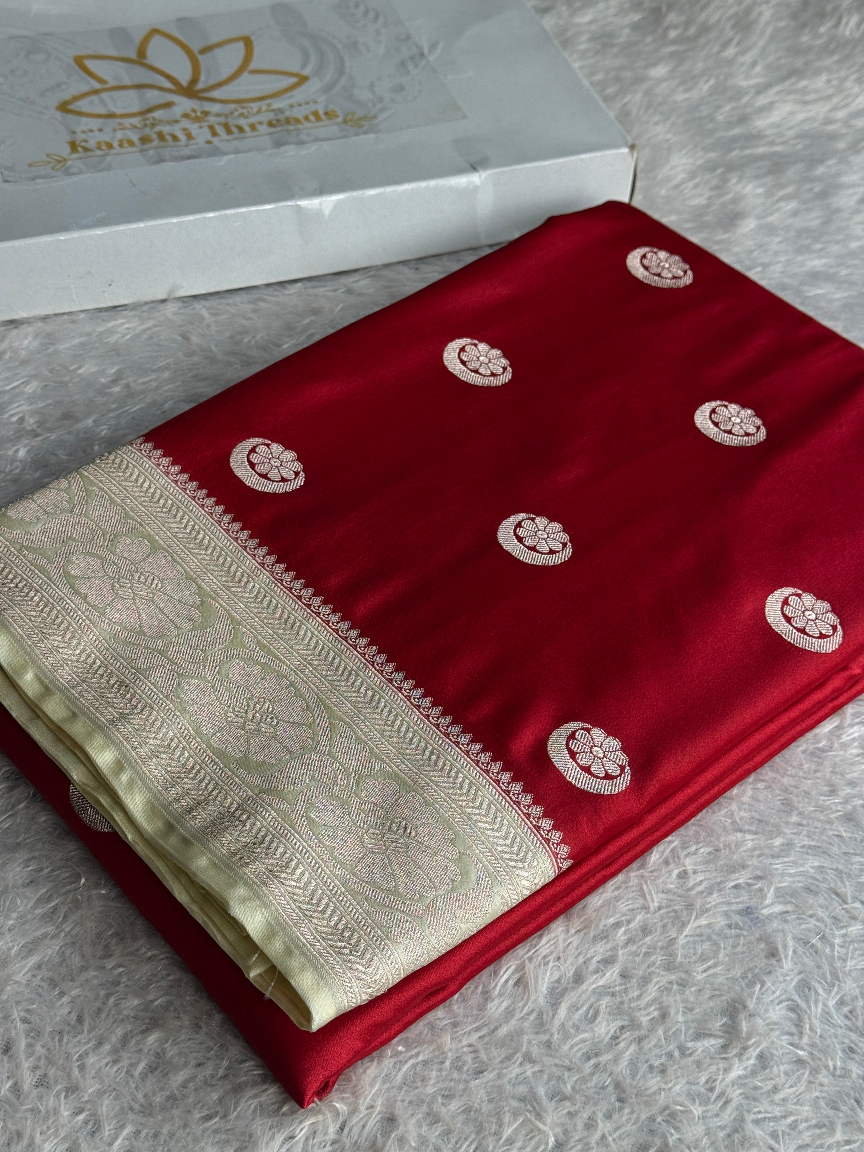Sonakshi Banarasi Mashru Kataan Silk Saree Maroon with Beige Buta Woven | MKS635