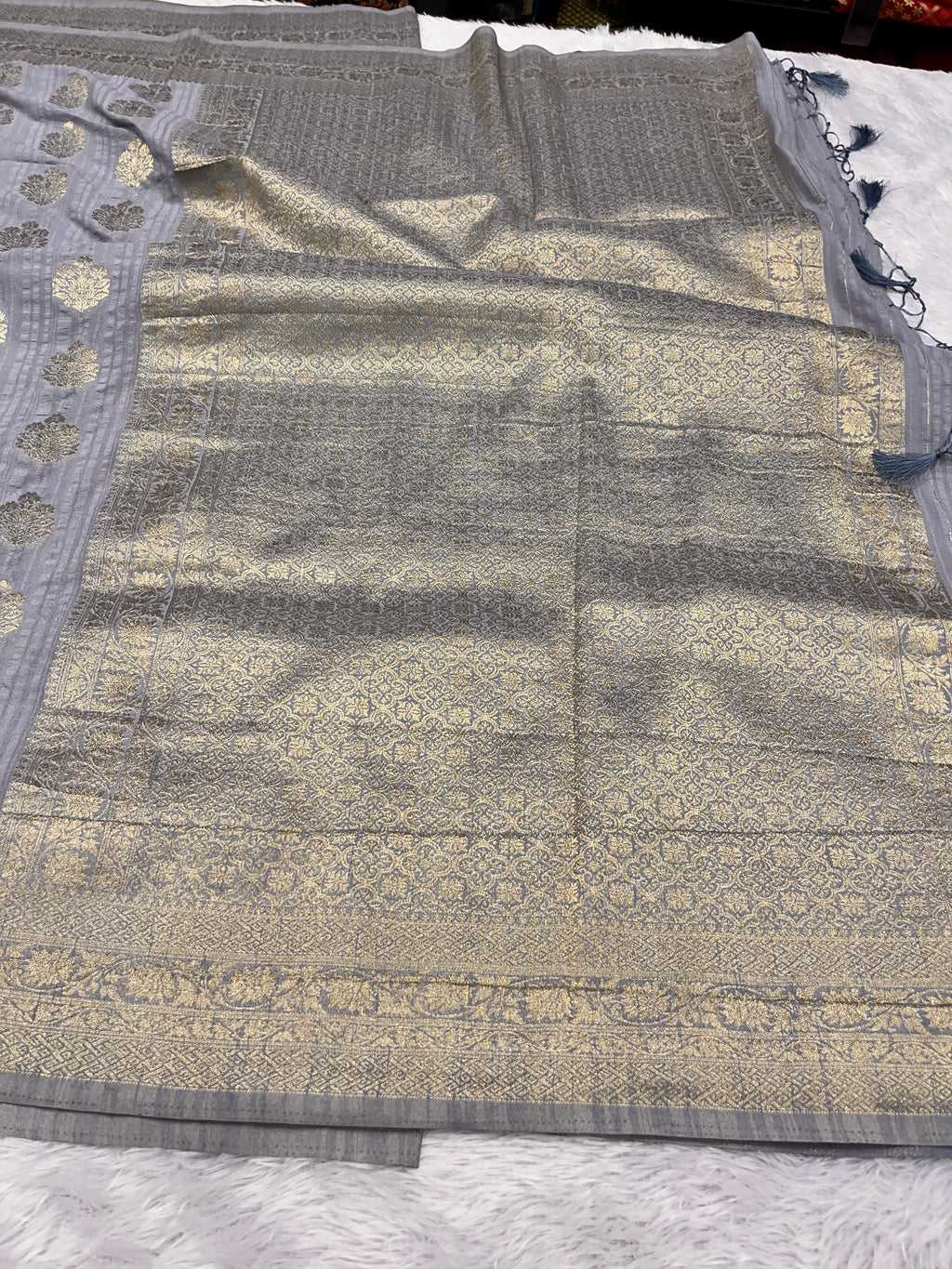 Raw Silk Zari Buta Grey  color  Saree RS002