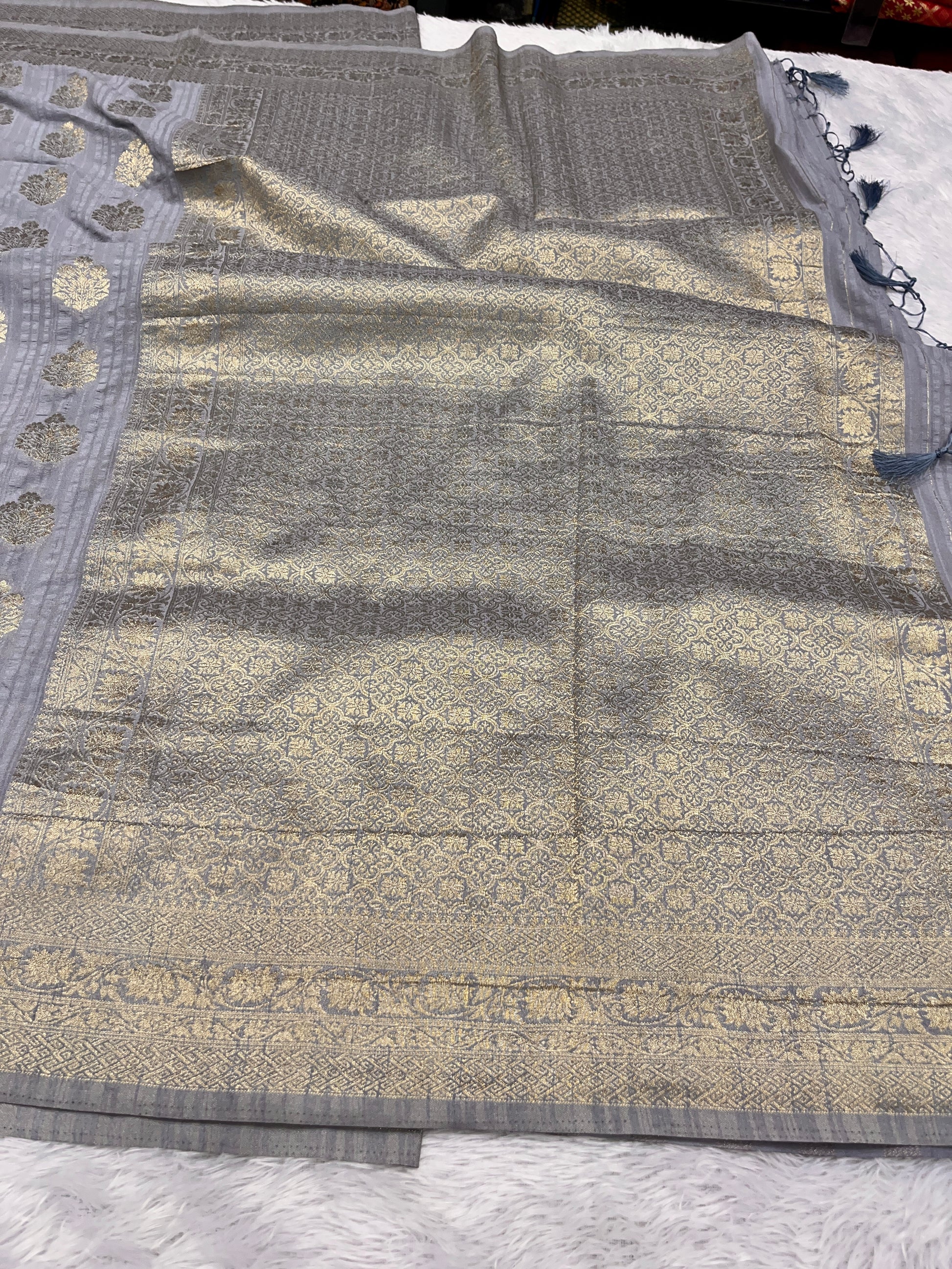 Raw Silk Zari Buta Grey  color  Saree RS002