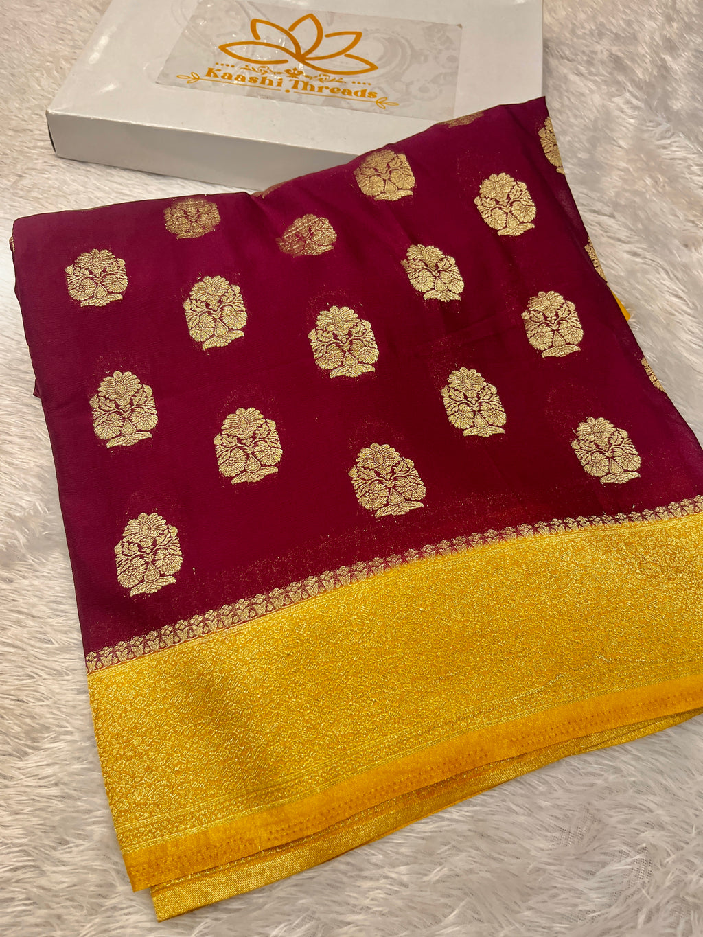 Chinon Silk Royal Buta Design Wine with Yellow  Saree CN08