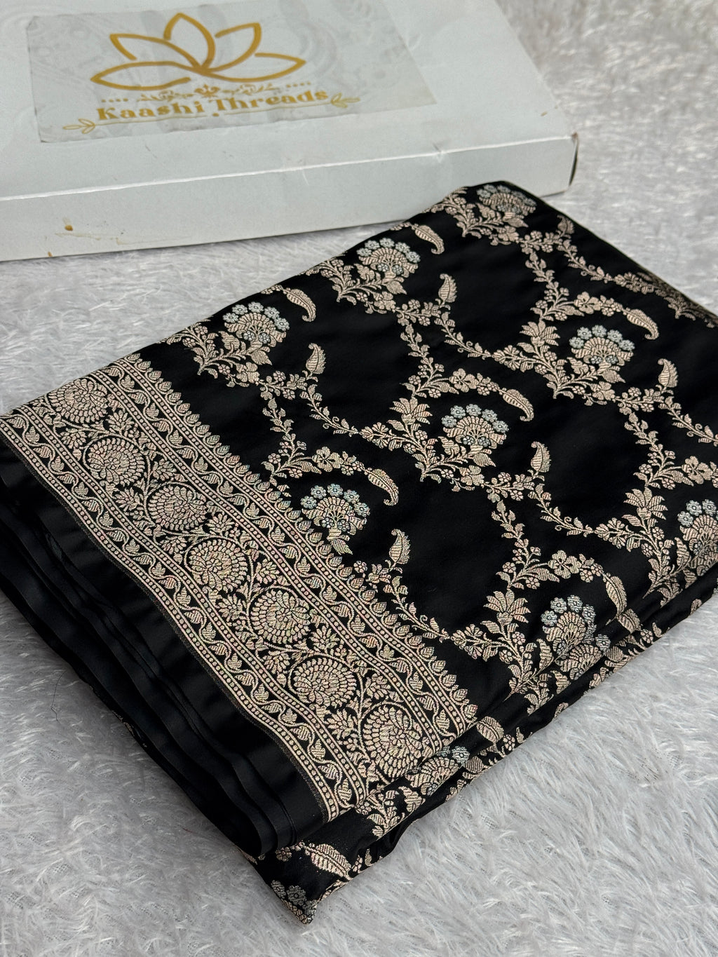Royal Black Mashru Kataan Silk Banarasi Saree with Silver Meenakari Jaal | MKS714