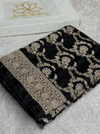 Royal Black Mashru Kataan Silk Banarasi Saree with Silver Meenakari Jaal | MKS714