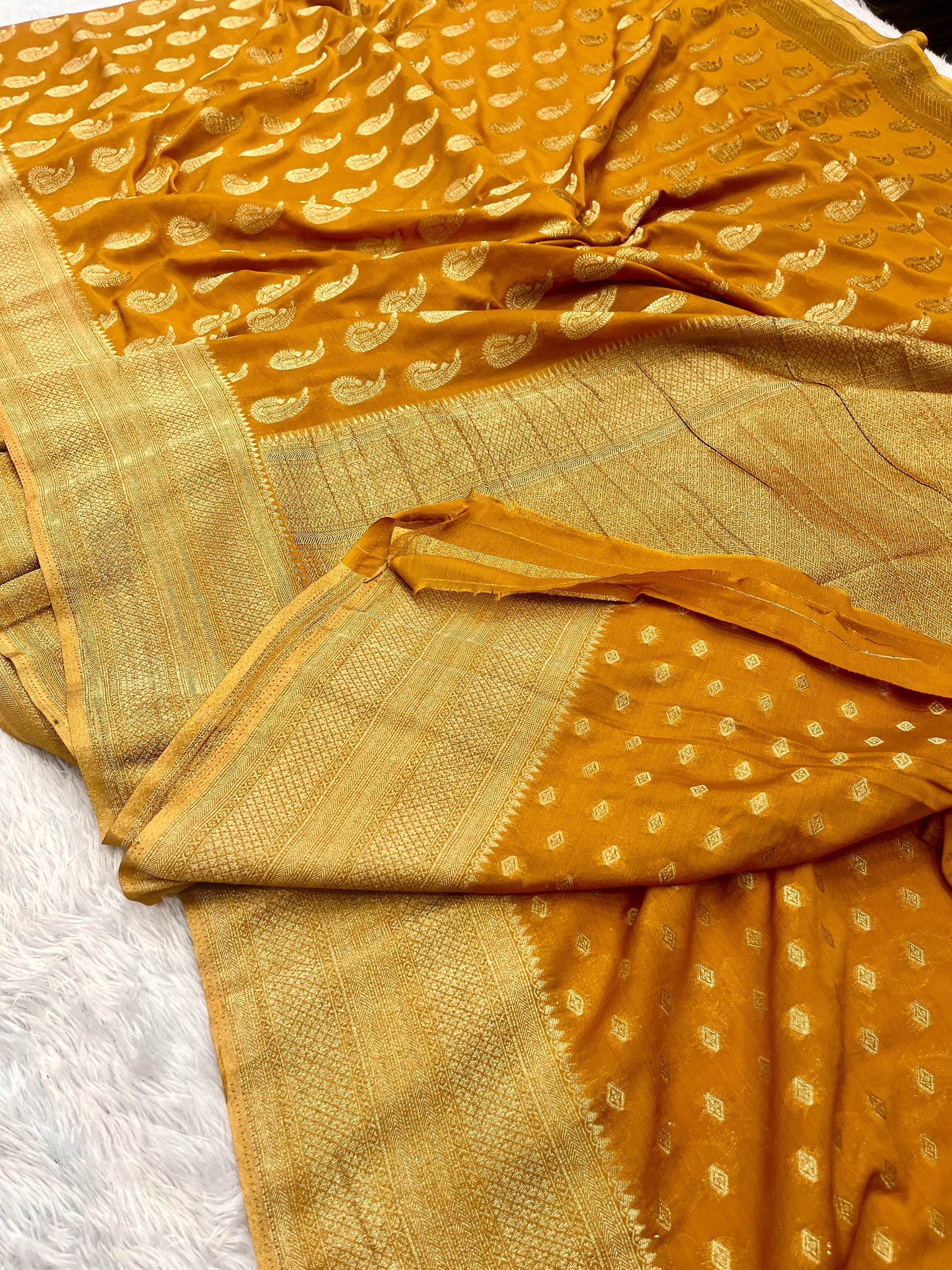 Chinon Silk Karry  Buta  Design Mustard color  Saree CN07
