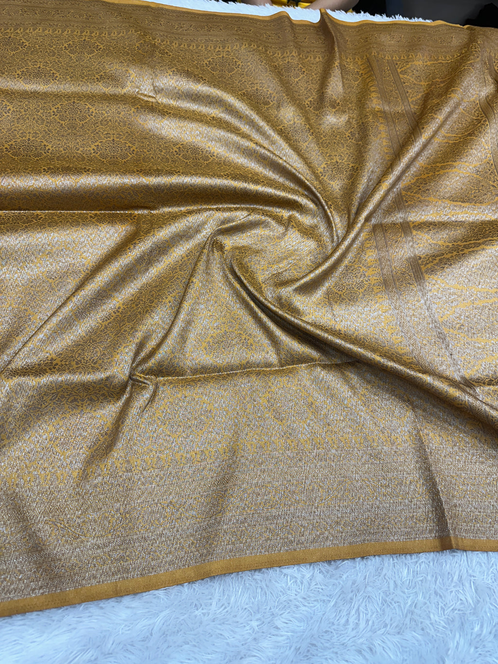 Mustard Yeallow Banarasi Dupion Silk Saree with Embossed Antique Zari Weaving & Rich Antique Zari Pallu | STF73