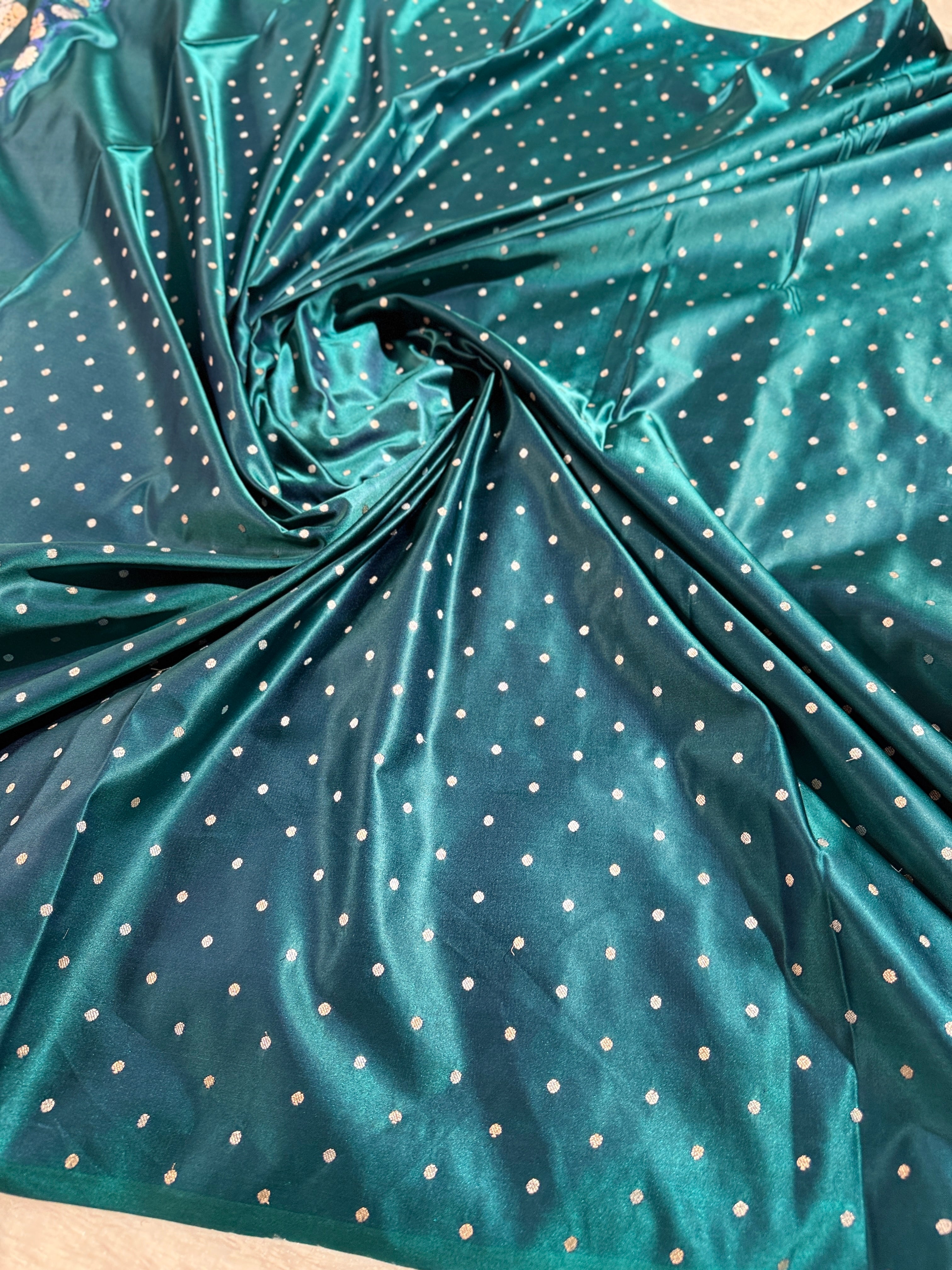 Peacock Banarasi Mashru Silk Saree with Dot Buti Weaving & Fancy Jacquard Border MKS105