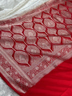 Kaashi Threads White Banarasi Satin Mashru Silk Saree with Red Contrast Matter Buti Design – MKS521 ✨