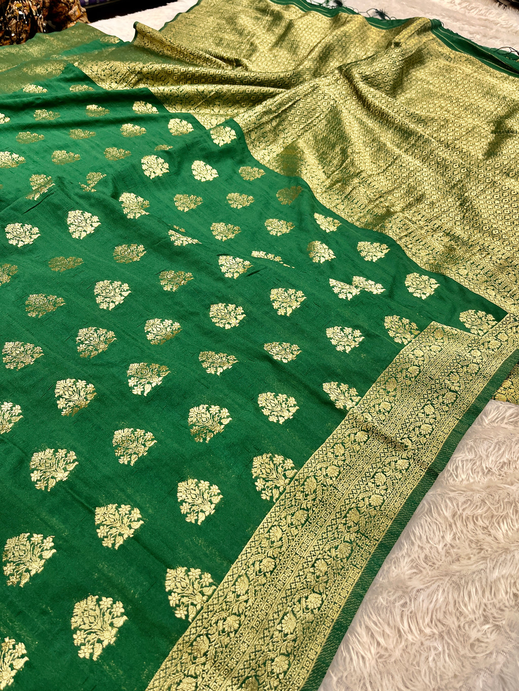 Raw Silk Zari Buta Green color Saree RS002