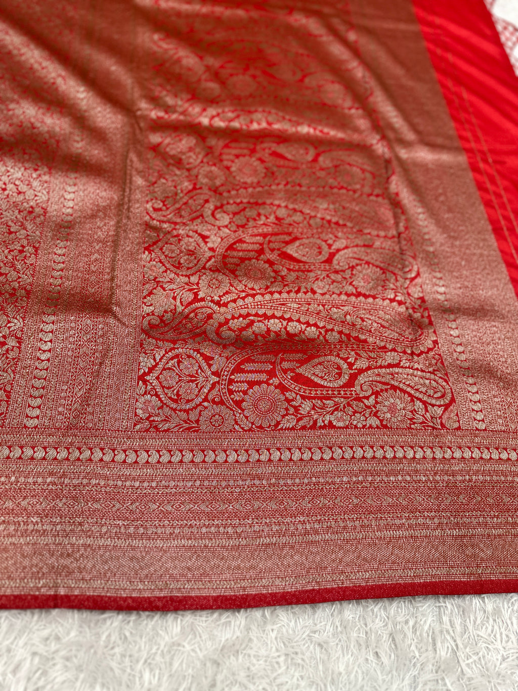 Red Banarasi Dupion Silk Saree with Embossed Antique Zari Weaving & Rich Antique Zari Pallu | STF85