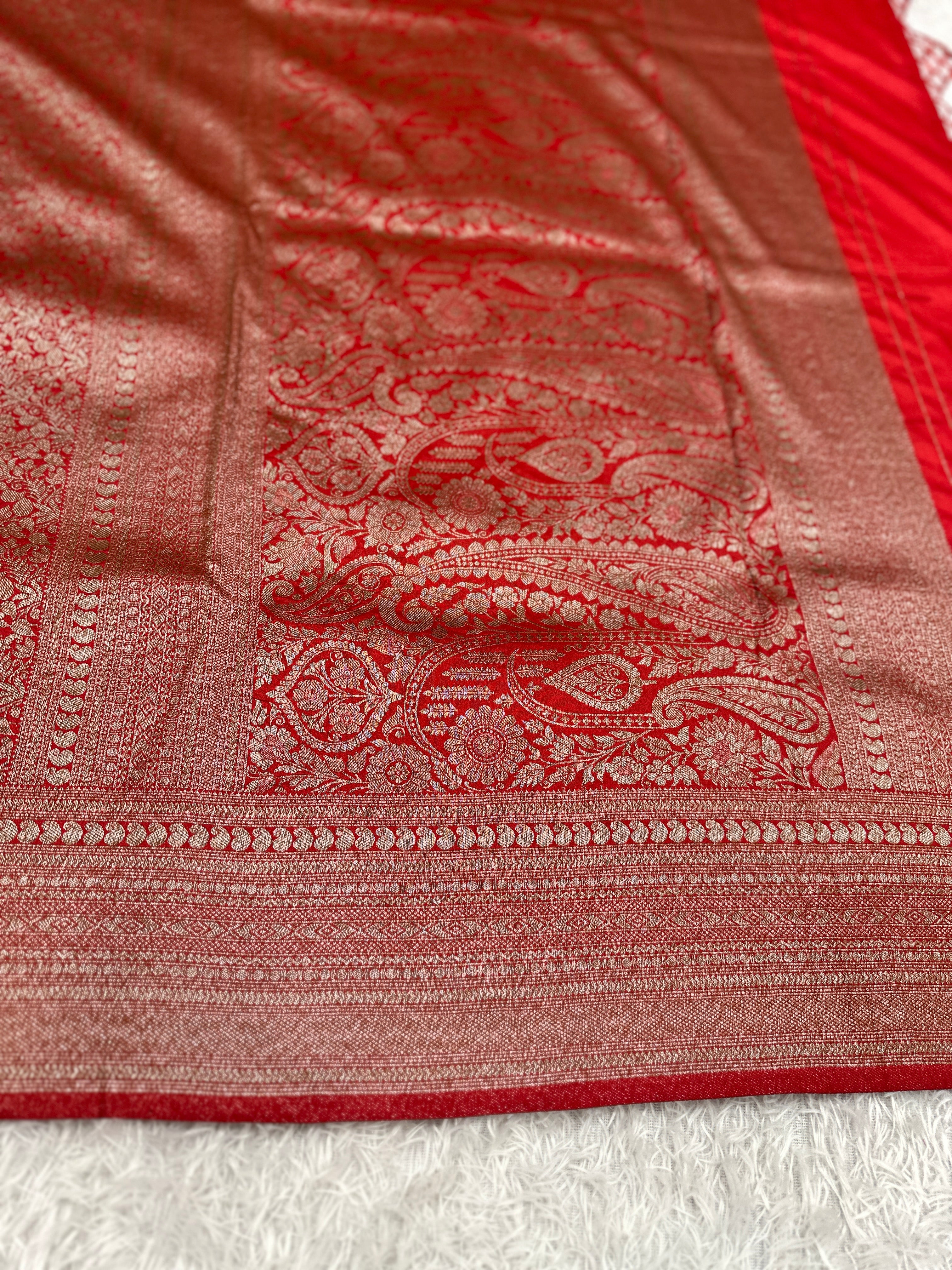 Red Banarasi Dupion Silk Saree with Embossed Antique Zari Weaving & Rich Antique Zari Pallu | STF85