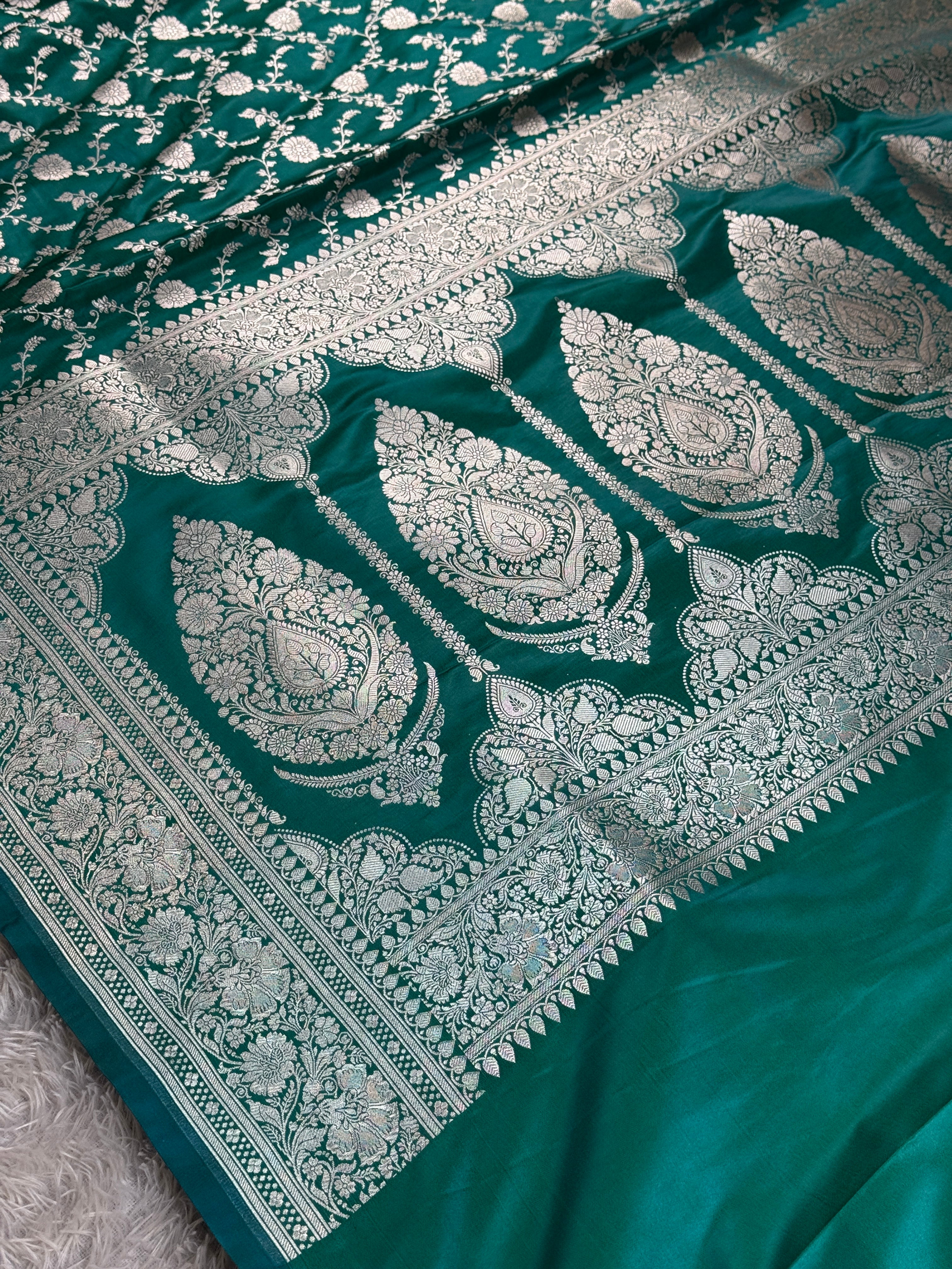 Sea Blue Mashru Kataan Silk Banarasi Saree with Jangla Weaving | Kaashi Threads | MKS502