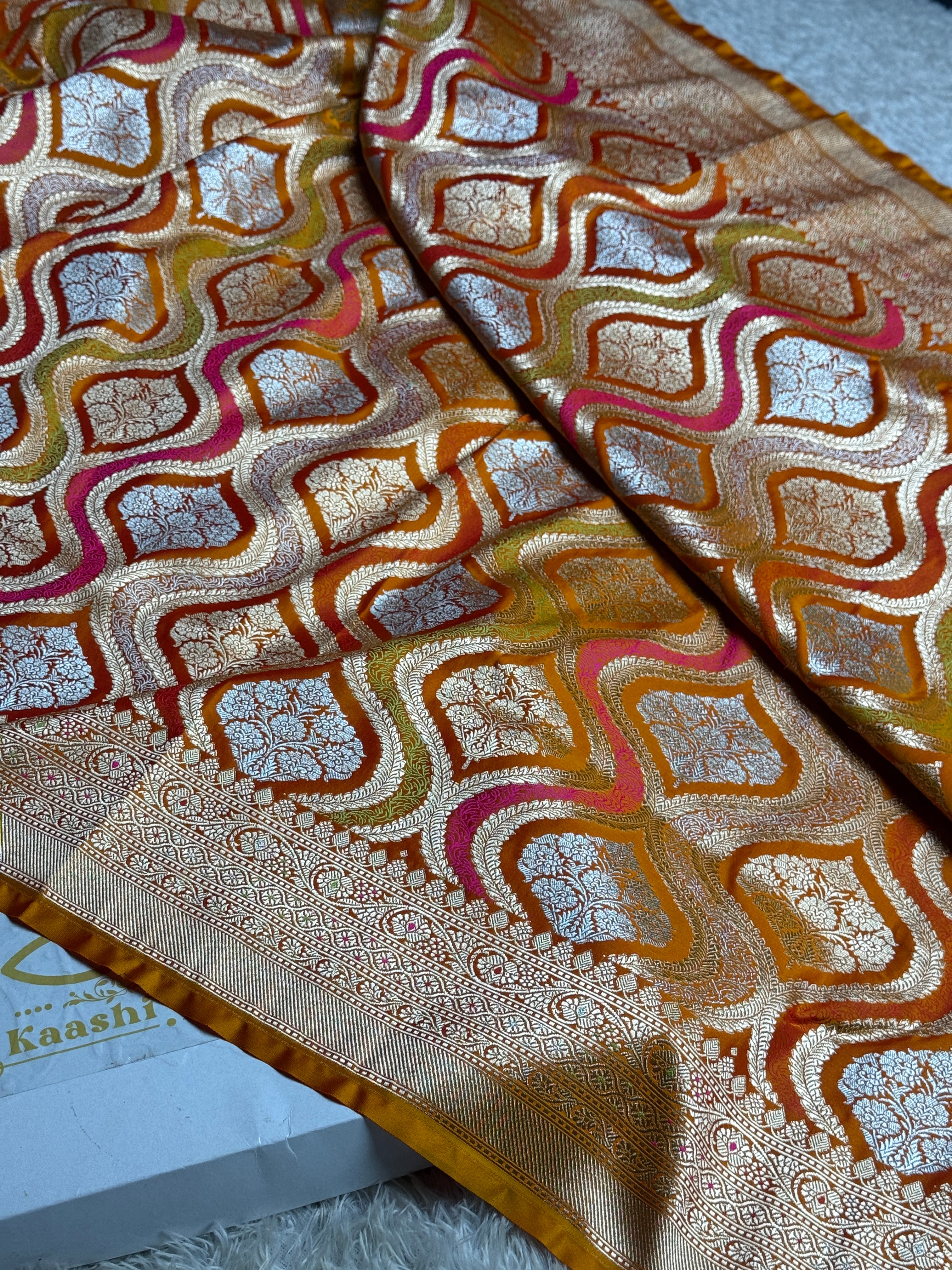 Mustard Orange Meena Kari Jaal Banarasi Satin Mashru Silk Saree MKS2