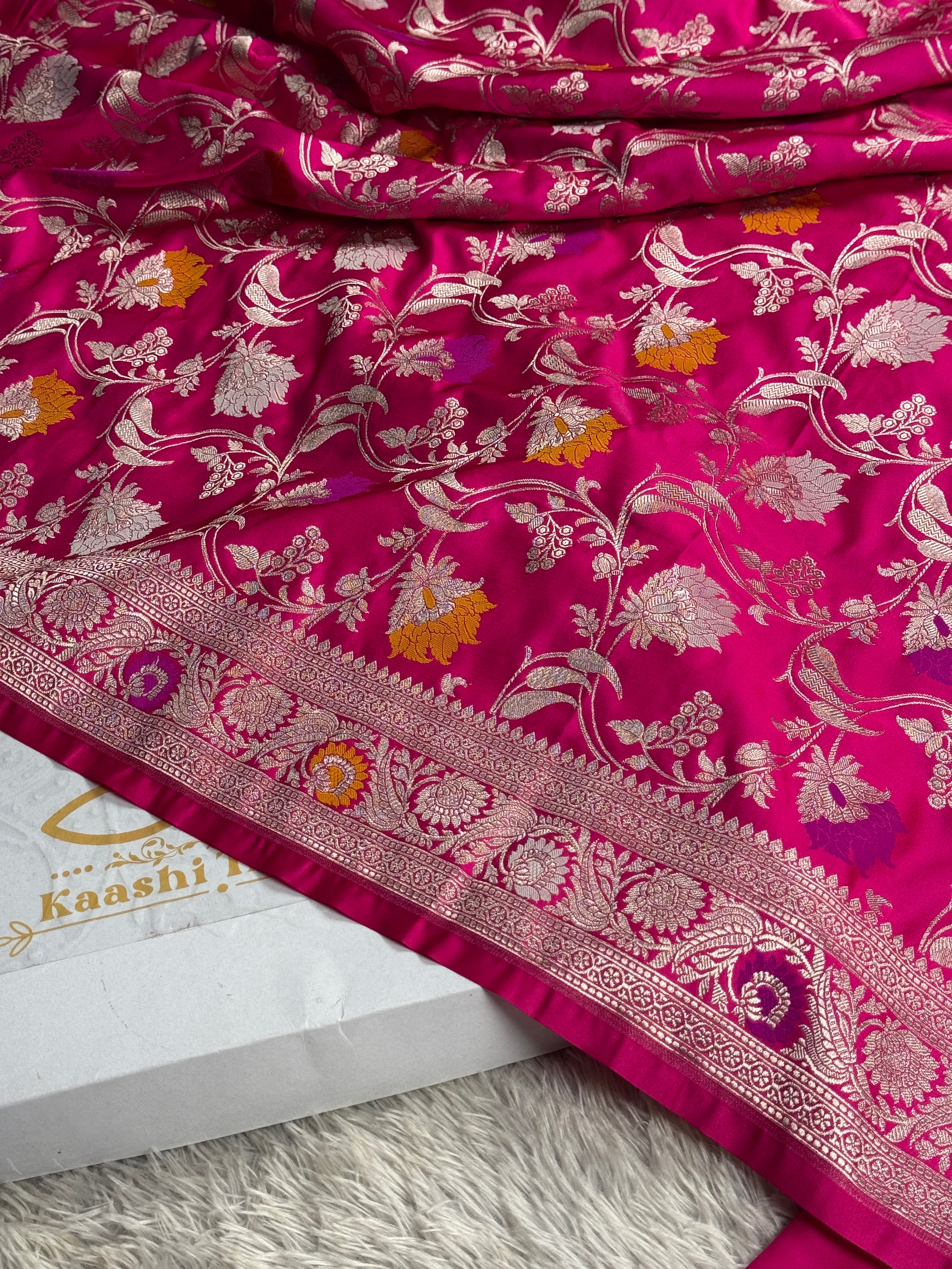 Dark Pink Banarasi Mashru Silk Saree with Jaal Woven Meenakari Work & Scalloped Border MKS167