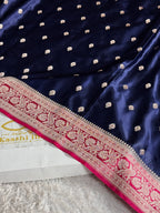 Royal Navy Blue Mashru Kataan Silk Banarasi Saree with Reddish Pink Contrast Border – MKS671