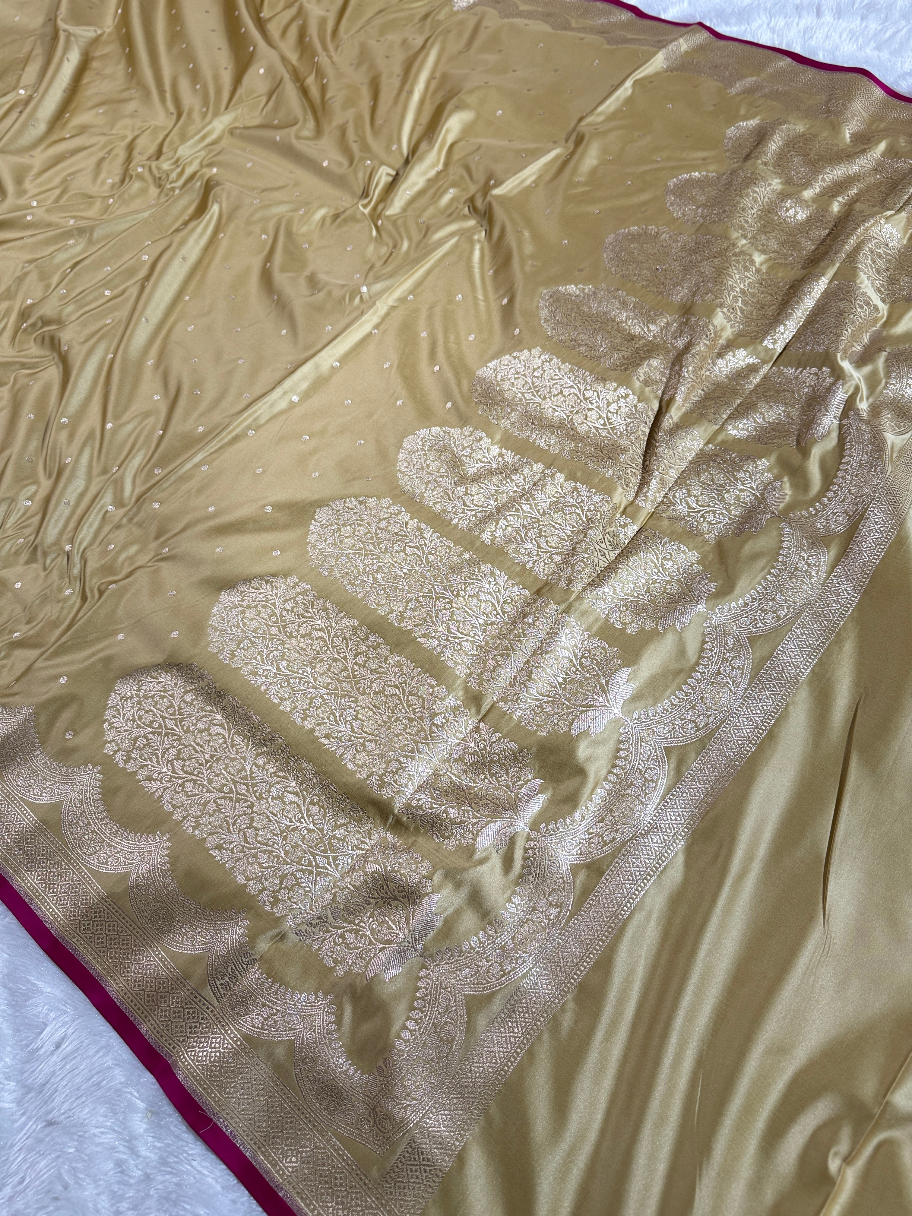 Beige Banarasi Mashru Silk Saree with Dot Buti Weaving & Fancy Jacquard Border MKS104