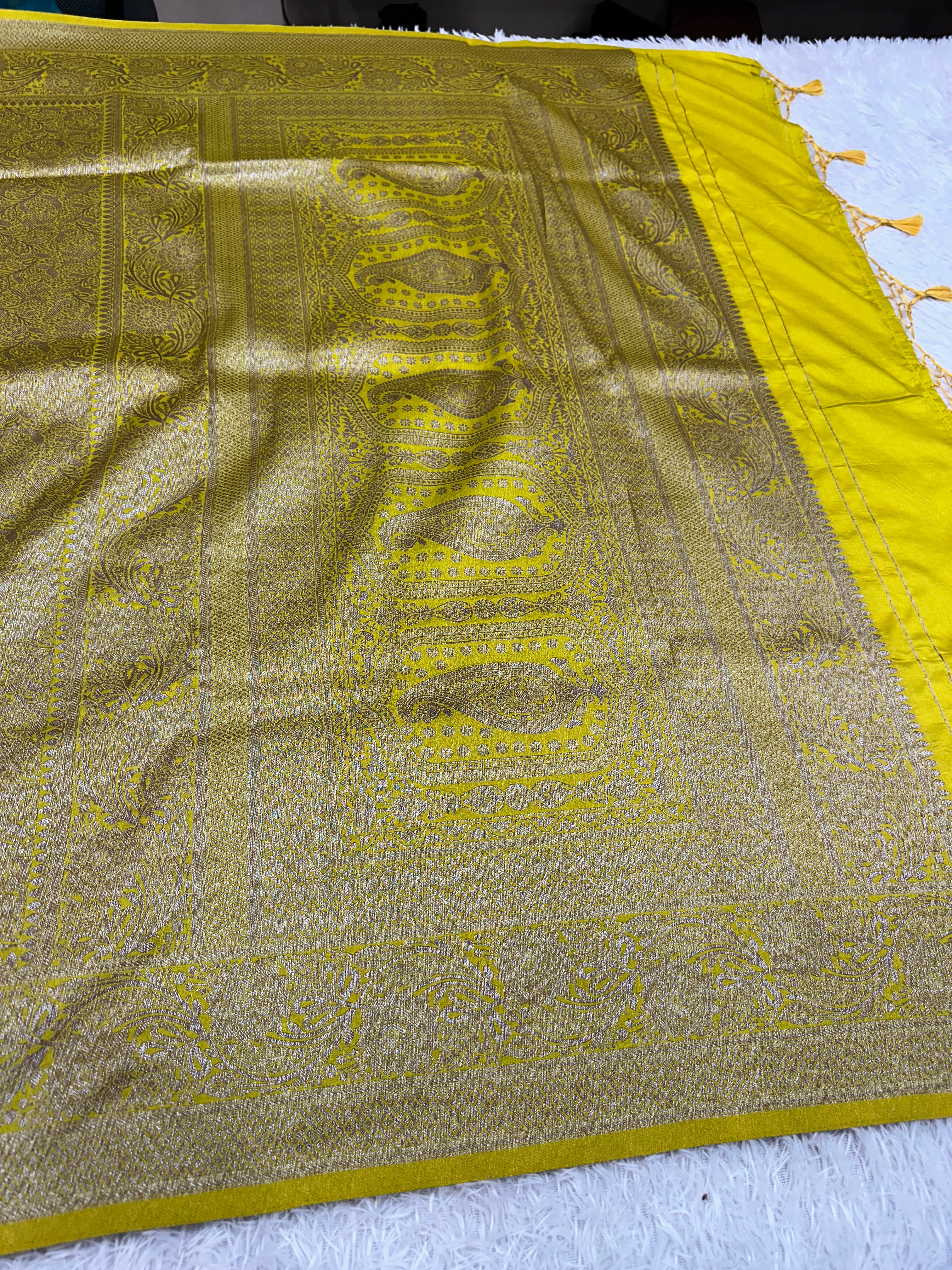 Lemon Banarasi Dupion Silk Saree with Embossed Antique Zari Weaving & Rich Antique Zari Pallu | STF102