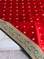 Banarasi Mashru Kataan Silk Saree – Red with Green Contrast | Buta Woven Design | Rich Zari Pallu | MKS751