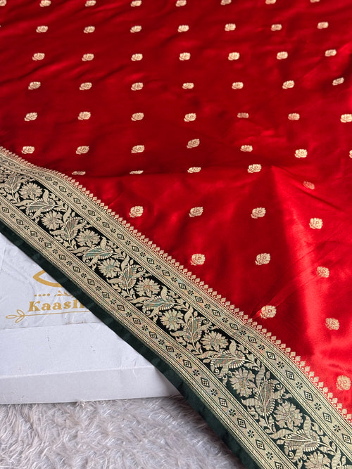 Banarasi Mashru Kataan Silk Saree – Red with Green Contrast | Buta Woven Design | Rich Zari Pallu | MKS751