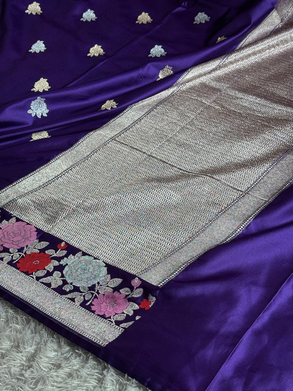Purple Mashru Kataan Silk Saree with Zari Buta & Meenakari Border | Rich Zari Pallu | MKS507