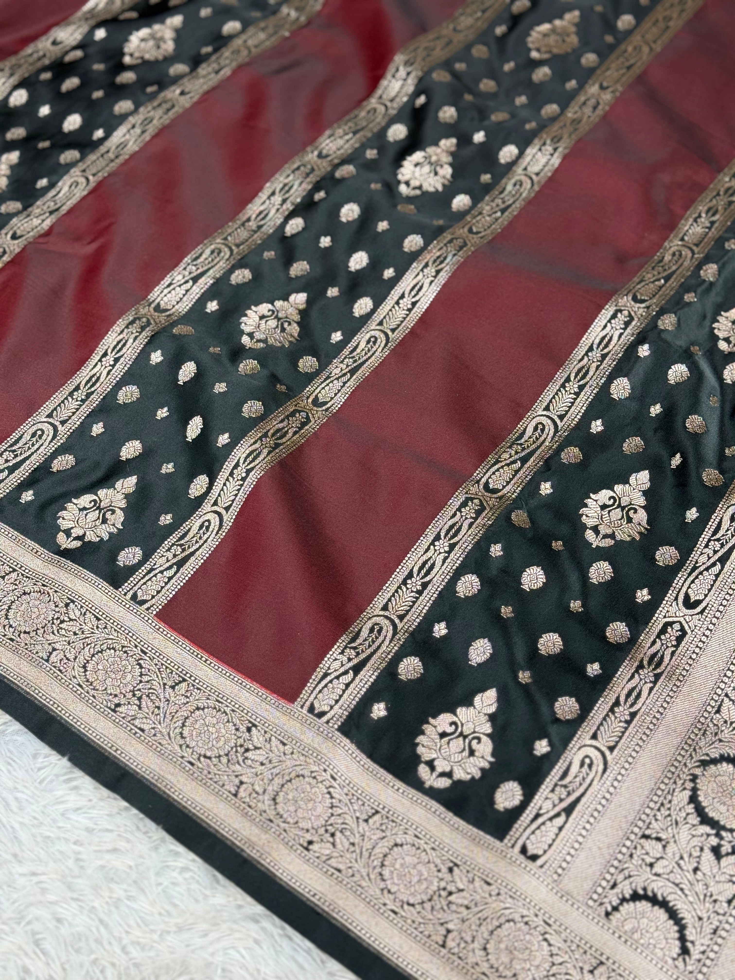 Designer Wine & Black Rangkat Mashru Kataan Silk Banarasi Saree – MKS673