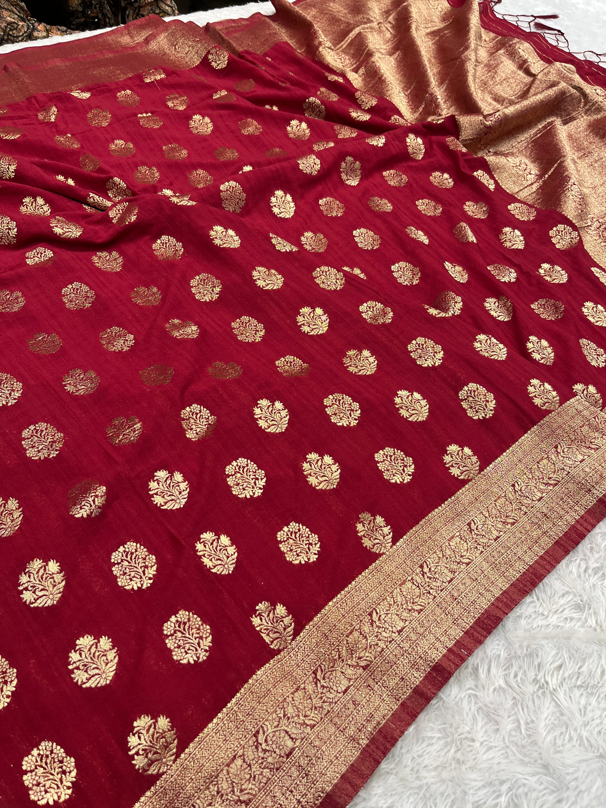 Raw Silk Zari Butaa Maroon color  Saree RS004